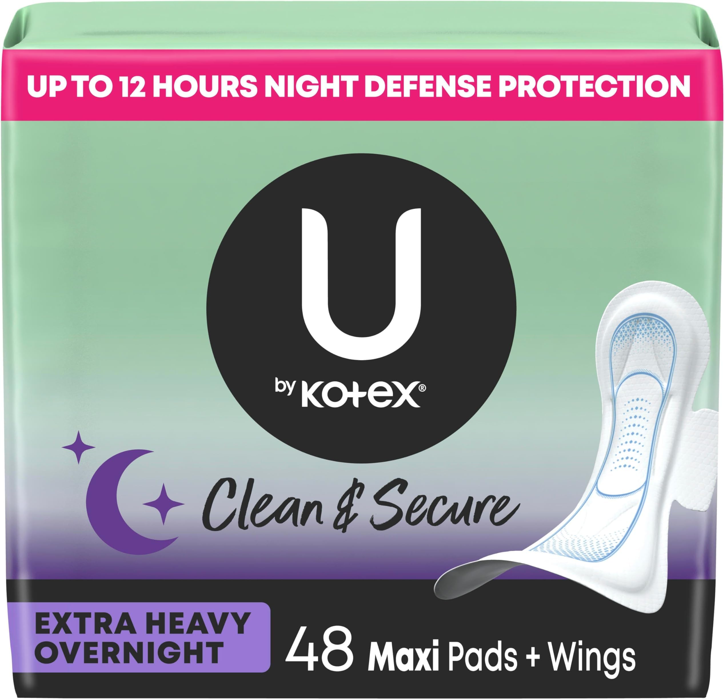 Clean & Secure Overnight Maxi Pads with Wings, Extra Heavy Absorbency, 48 Count (2 Packs of 24) (Packaging May Vary)