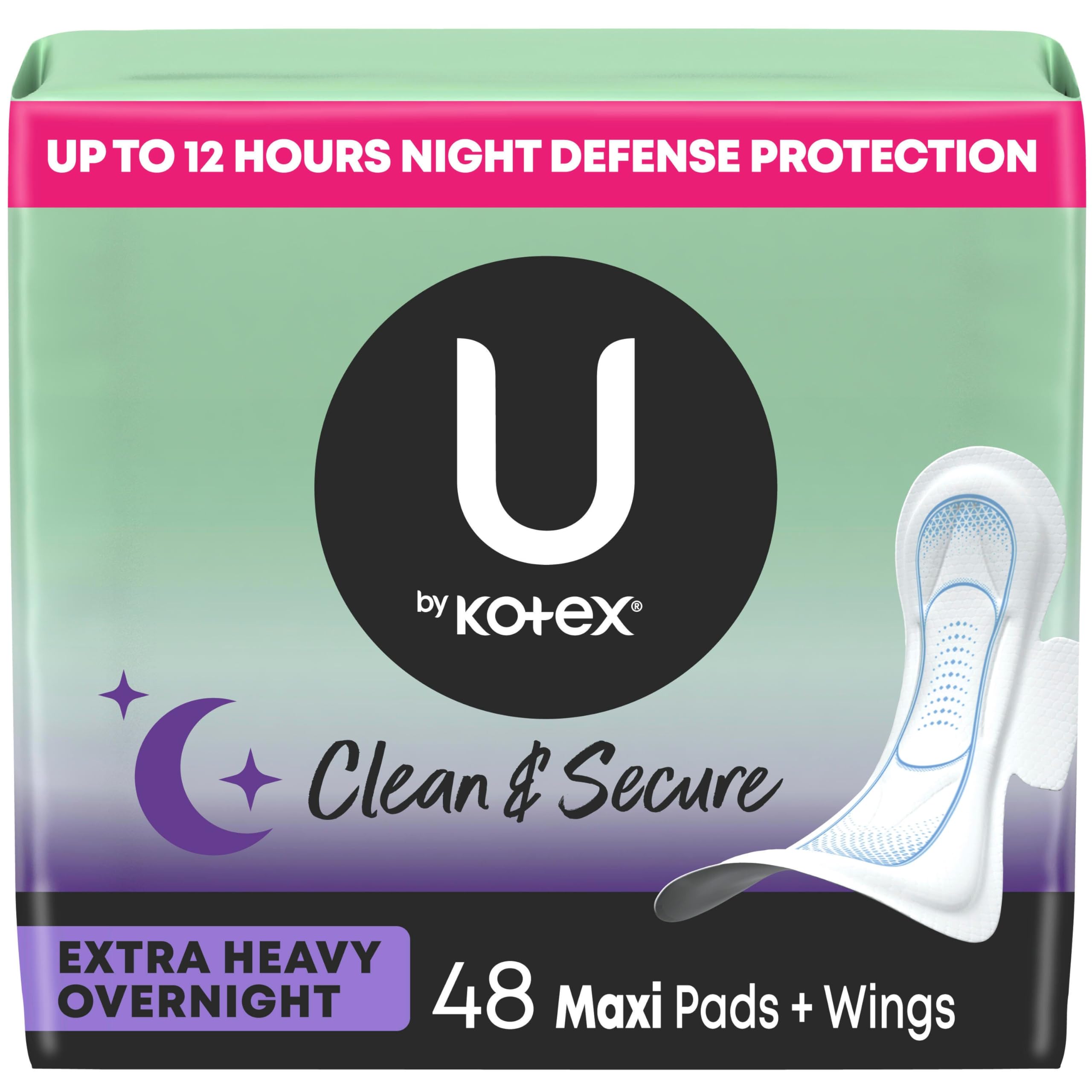 U by KotexClean & Secure Overnight Maxi Pads with Wings, Extra Heavy Absorbency, 48 Count (2 Packs of 24) (Packaging May Vary)