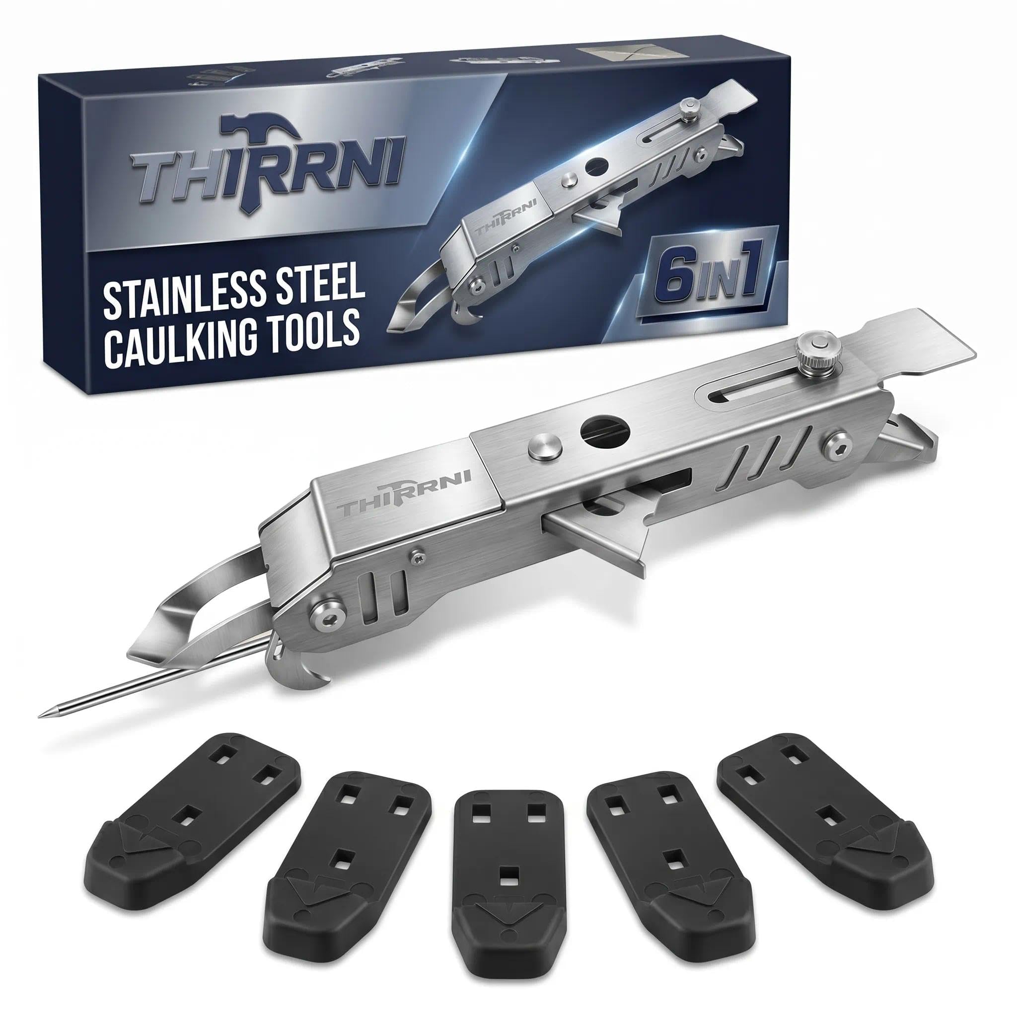 Thirrni Caulking Tool 6 in 1, Stainless Steel Caulk Remover & Sealant Remover Tool with 5 Replaceable Silicone Pads, Silicone Remover Tool for Bathroom Kitchen Shower Sink Tiles