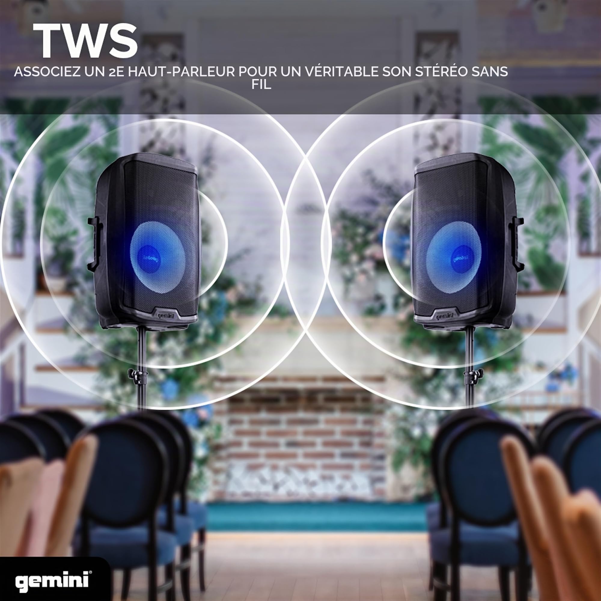 Gemini Sound AS-2115Bt-Lt – Enceinte de sonorisation active DJ Bluetooth de 2000W avec woofer 15”, Eclairage festif à LED, Sd, USB, Entrée/sortie XLR§, 2x 6,3mm Microphone/RCA et entrées AUX, Tws