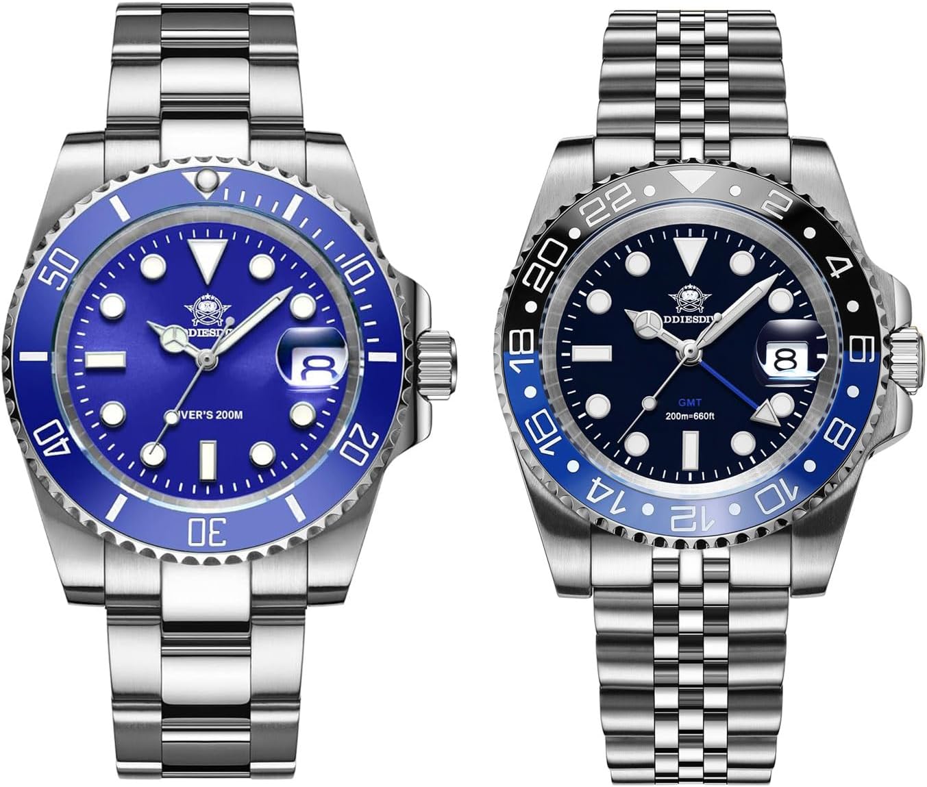 ADDIESDIVE H3 Blue Quartz Dive Watch with AD2050 GMT Watch Water Resistance 200 M Luminous Stainless Steel Strap