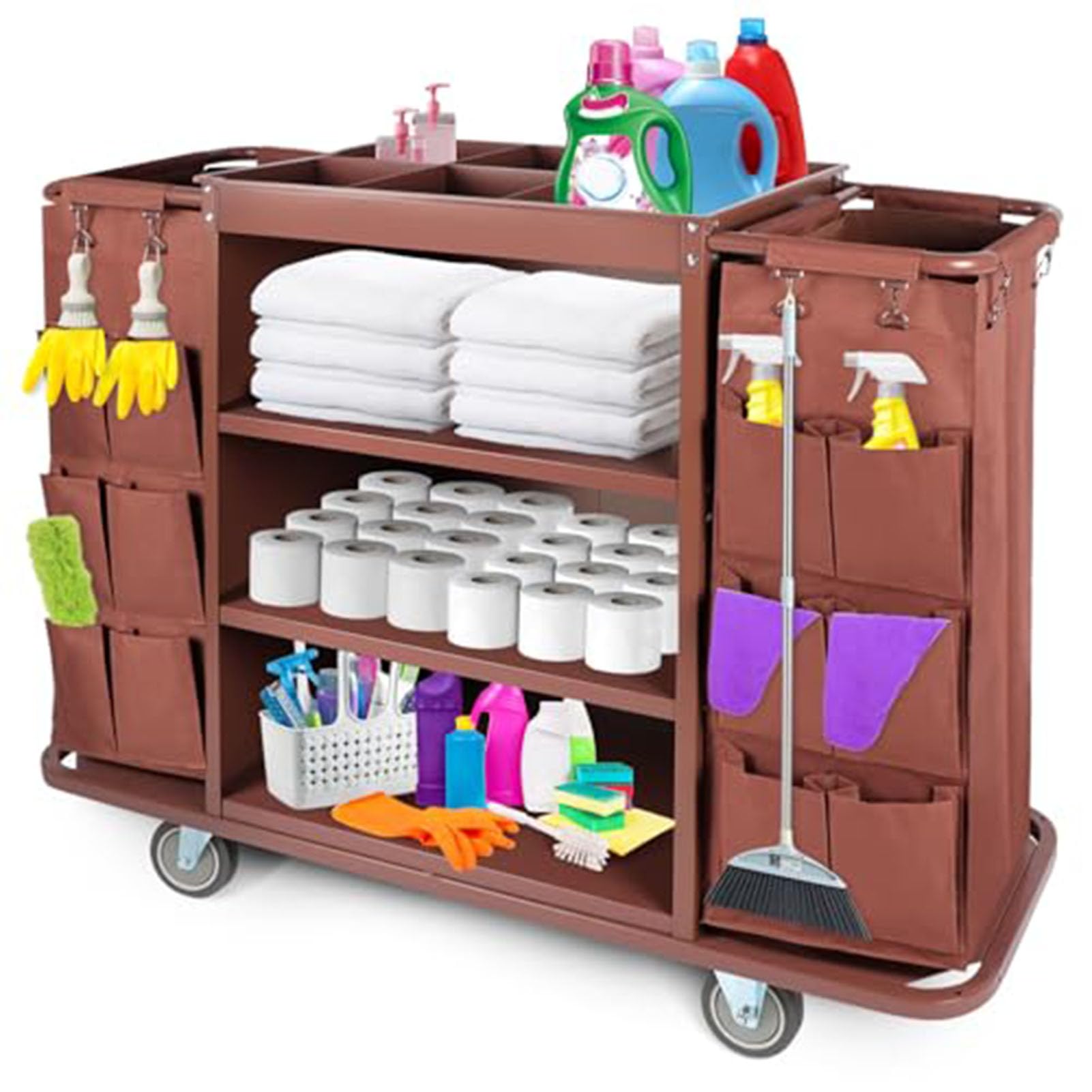 Carrito de limpieza con bolsas, carrito de limpieza comercial con ruedas para hoteles y alojamiento, diseño duradero para una limpieza eficiente, acabado marrón