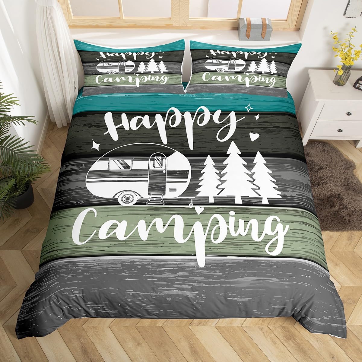 Camper Travel Trailers Decorations,Rustic Farmhouse Style Duvet Cover for Kids Boys Girls Teens,Pine Tree Drawing Design Bedroom Decor Comforter Cover Full(No Filler)