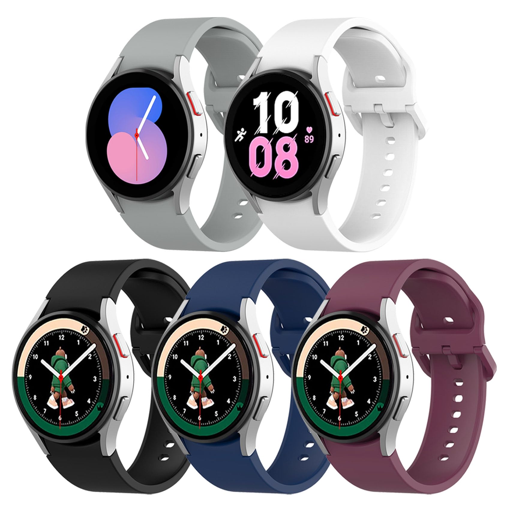 Lot de 5 bracelets compatibles avec Samsung Galaxy Watch 4 5 6 7 40 mm 44 mm, Galaxy Watch 4 6 Classic, Galaxy Watch 5 Pro, bracelet de montre de sport réglable en silicone de 20 mm sans espace