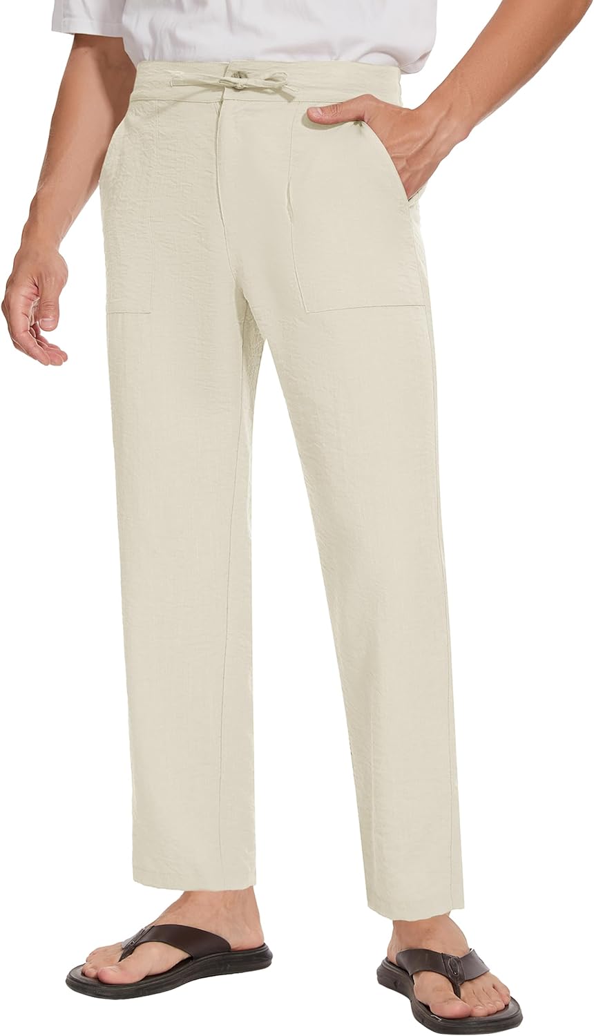 SEVEGO Mens Casual Linen Pants 30''/32''/34''/36'' Elastic Waist Drawstring Straight-Legs Summer Beach Loose Fit Trouser - Image 8