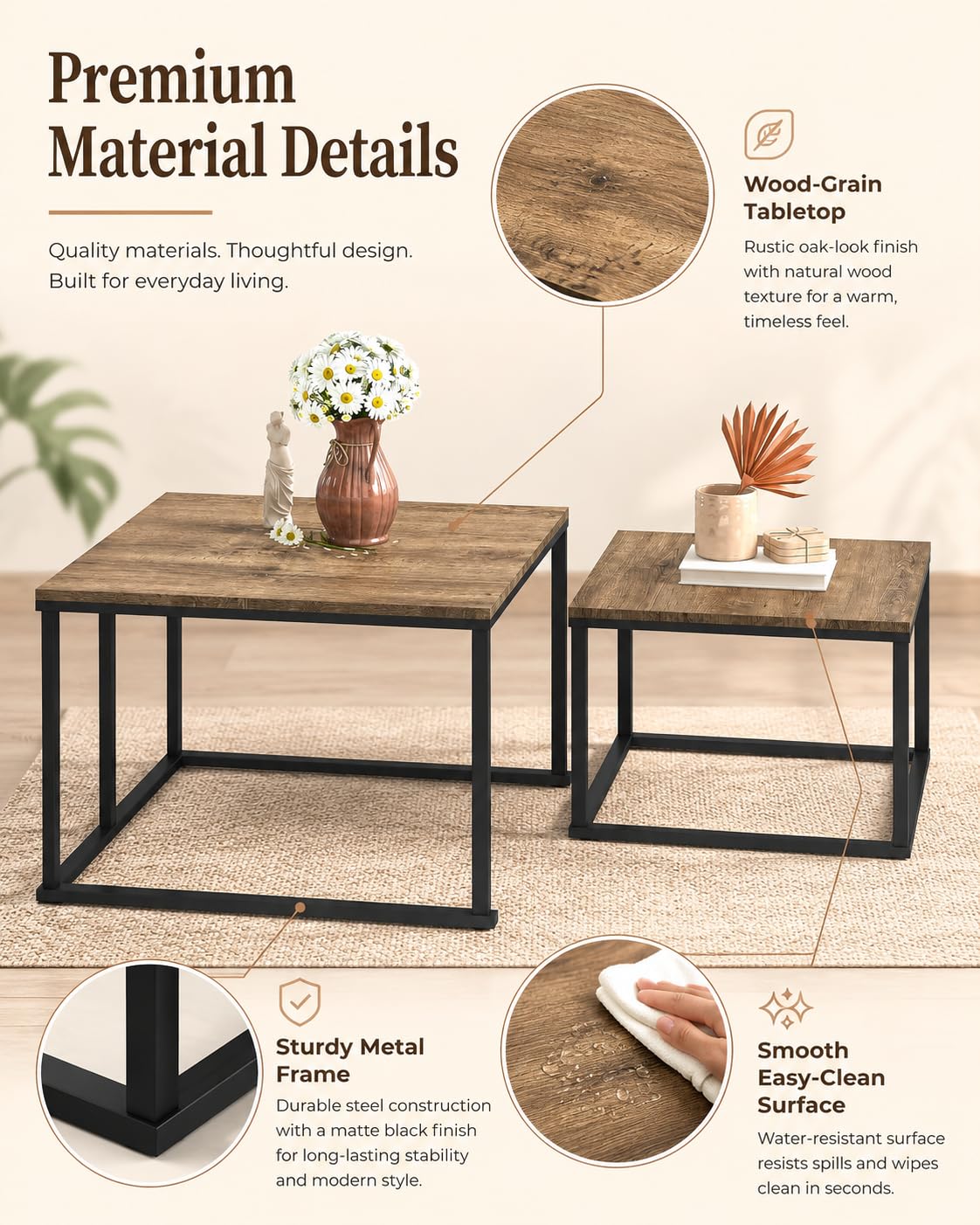 Mesa de Centro Madera Cuadrada Nido Set de 2 Mesas Auxiliares Salón Mesa Centro Pequeña Mesita de Centro Efecto Roble Negro con Marco Metálico para Salón Dormitorio Oficina