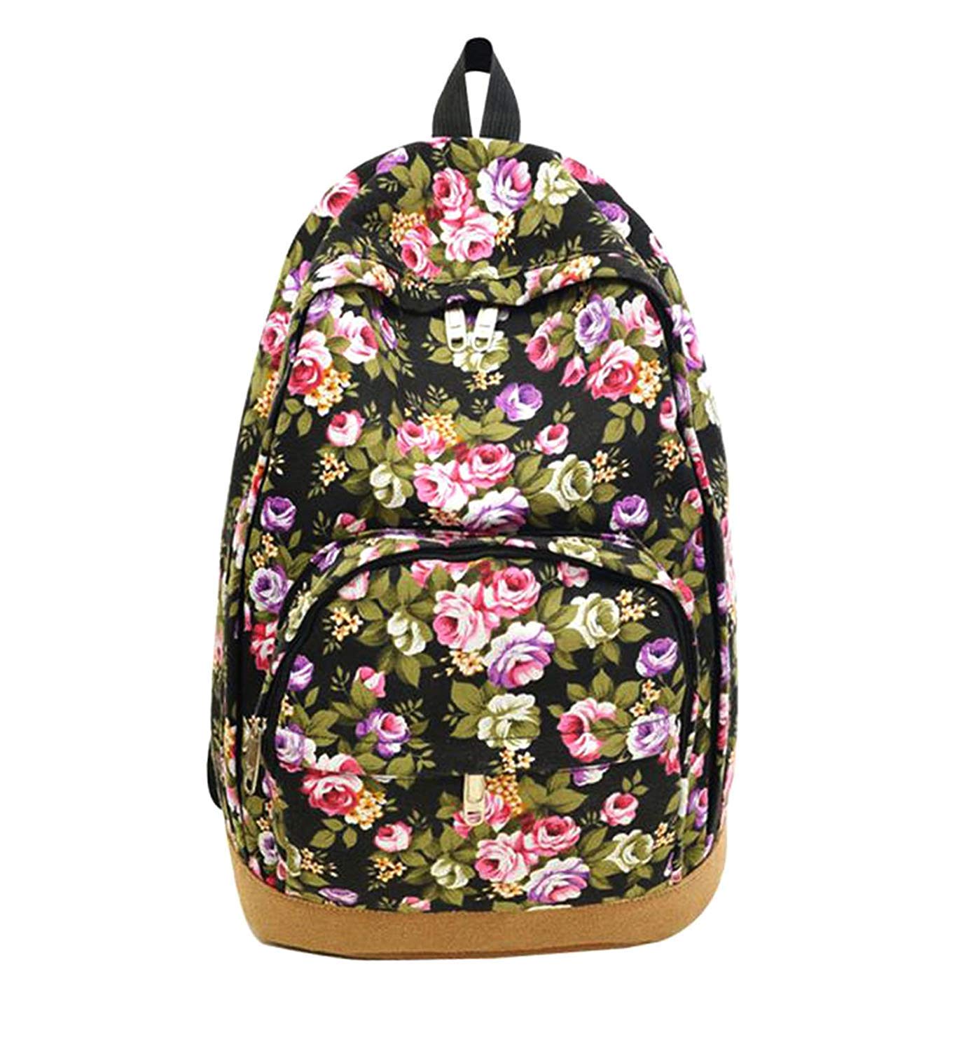 Di GraziaMultipurpose Women’s Flower Backpack Handbag (Black, Black-Flowers-Backpack)