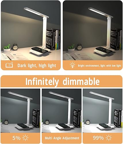 Vista 6 de Lámpara de escritorio LED con control de modos de ojo, escritorio multiángulo para estudiar Re W, lámpara de mesa suave con salida USB y soporte