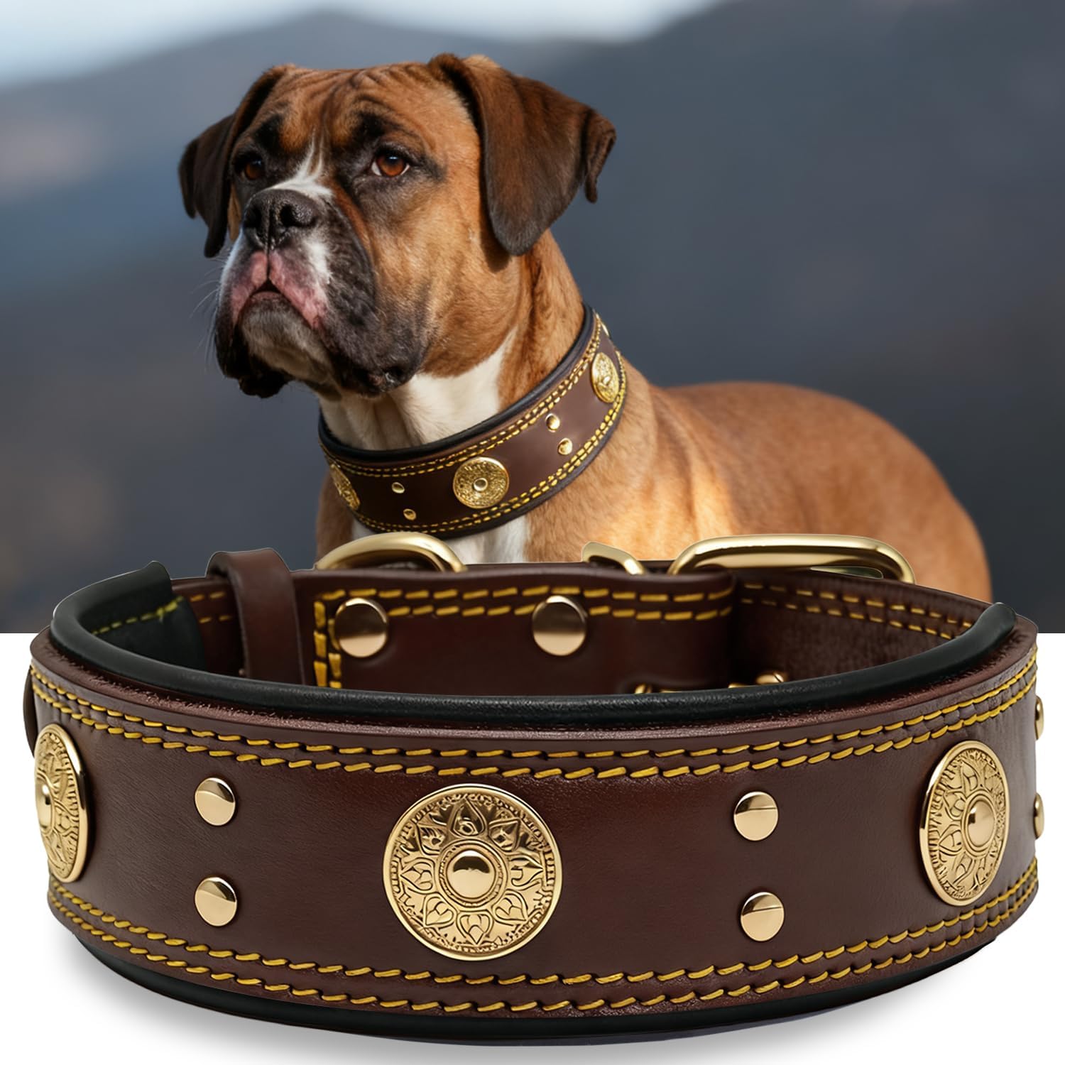 Leather Dog Collar, 2 inches Wide Heavy Duty Genuine Leather Collars, Handmade, Soft, and Luxury, Eye-catching Best Choice for Large and Medium Breed Dogs Brown-Gold, 15-19 ins