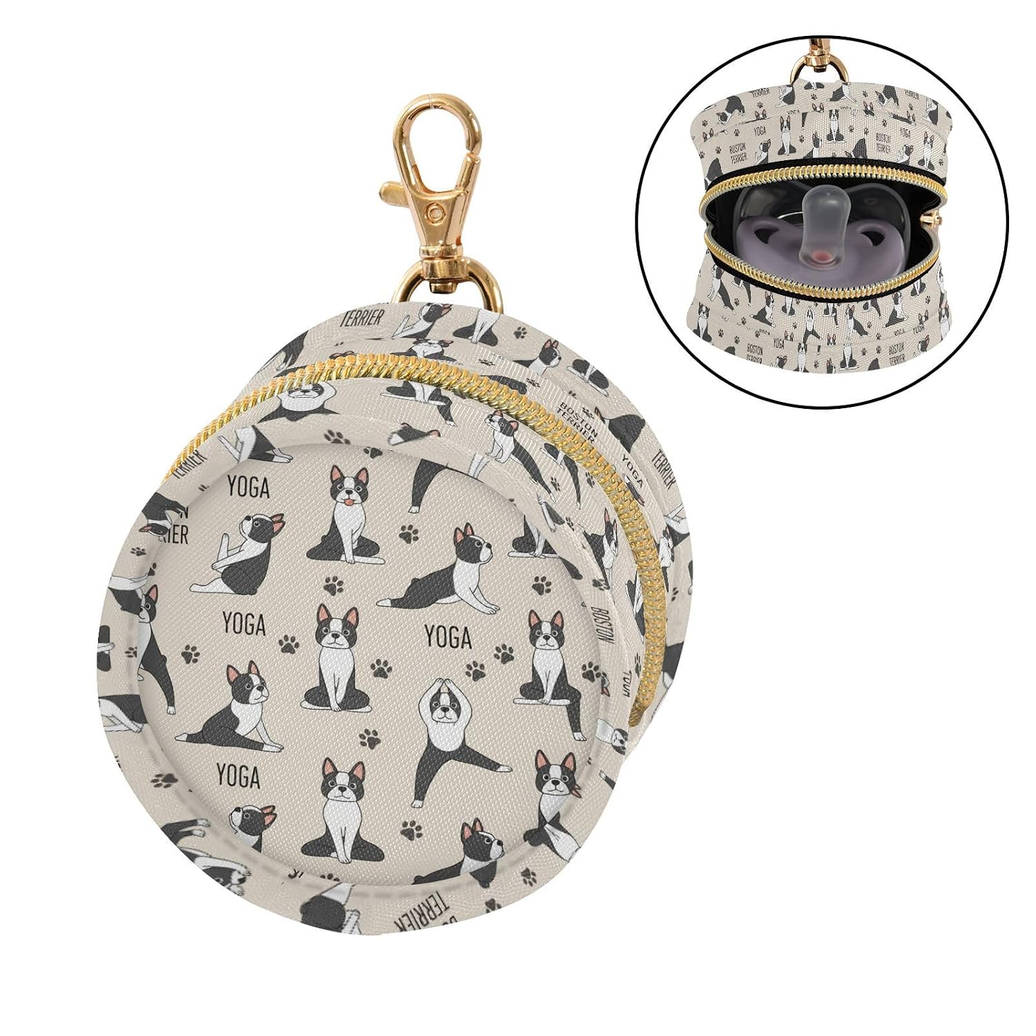 Cartoon Yoga Dogs Beige Print Pacifier Holder Case for Diaper Bag Portable Travel Pacifier Storage Case with Clip Newborn Baby Pouch for Baby Boys Girls Outdoor Purse image 2