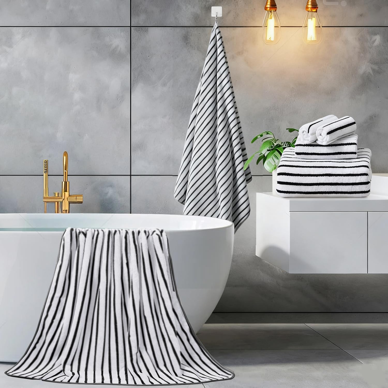 Mistyrose Bath Towels,4 Pack Black White Stripe 35"x70" Large Bath Towels Microfiber Absorbent XL Bath Sheets Super Soft Towels for Bathroom Quick Dry Oversized Shower Towels for Family Hotel Spa Gym