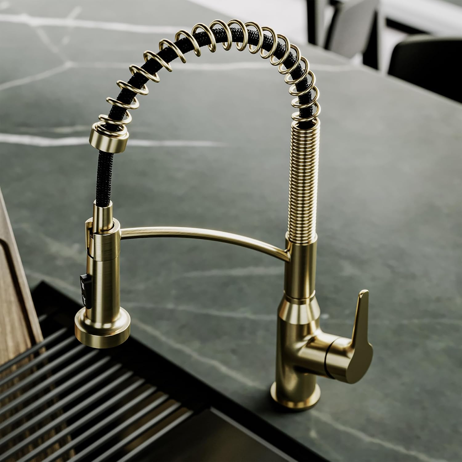 Karran Scottsdale Commercial Style Pull-Down Kitchen Faucet with Sprayer, Spot-Free Brushed Gold, High Arc Single Handle Pre-Rinse Spring Faucet