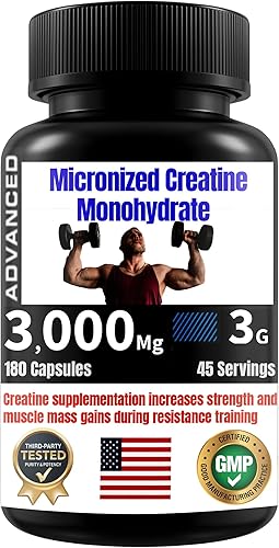 Cápsulas de monohidrato de creatina micronizada, monohidrato de creatina 100% pura, 3000 mg, 180 cápsulas veganas