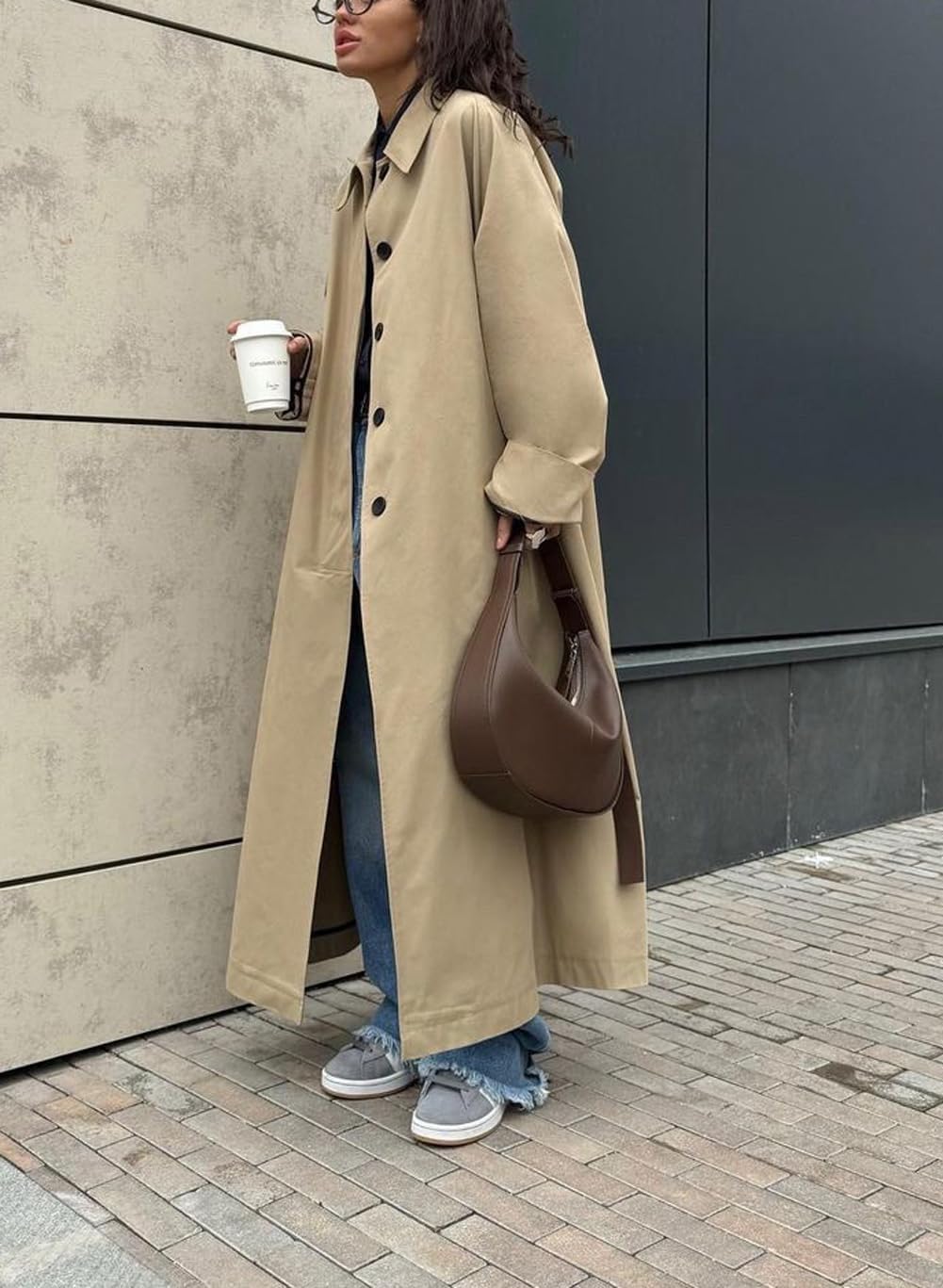 chouyatou Women's 2025 Fall Single Breasted Maxi Long Trench Coat Loose Cotton Business Casual Overcoat