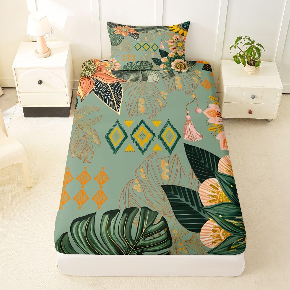 Erosebridal Boho Floral Fitted Sheet Set Twin Size for Boys Girls