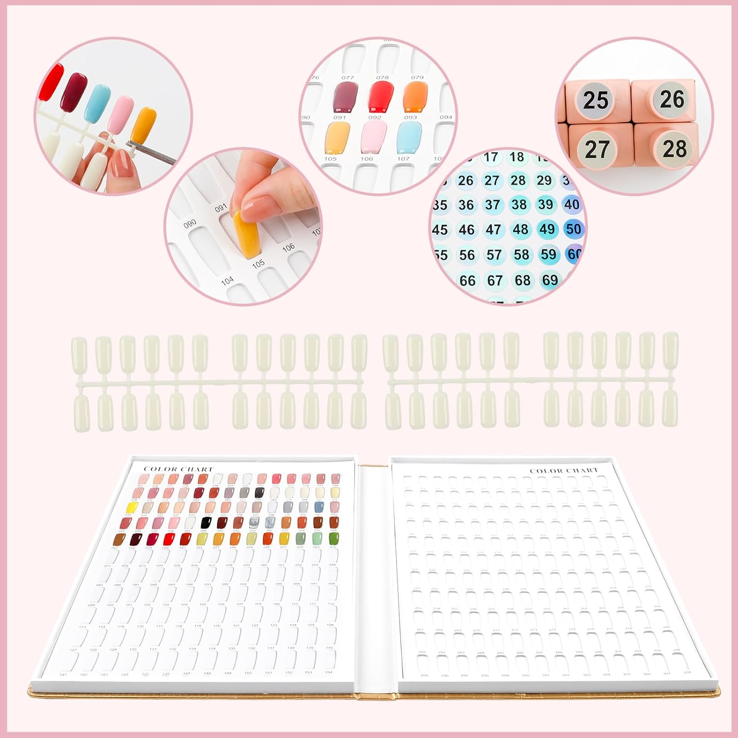 308 Nail Colors Chart with 360 Nail Tips Professional Nail Swatches Book Nail Gel Polish Display Card Book with Gel Nail Brush and Number Sticker for Nail Salons (Gold, one size)