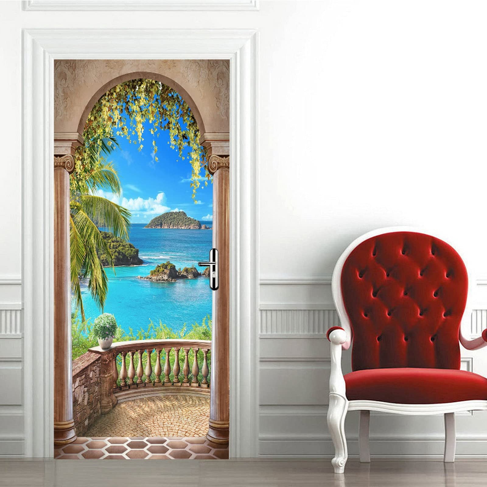 A.Monamour Türtapete Selbstklebend Türfolie Türposter 3D Blauer Meer Blick Durch Balkonbogen Vinyl Folie Türdeko Tapete Wandbild Türaufkleber Türtattoo 95 x 215 cm