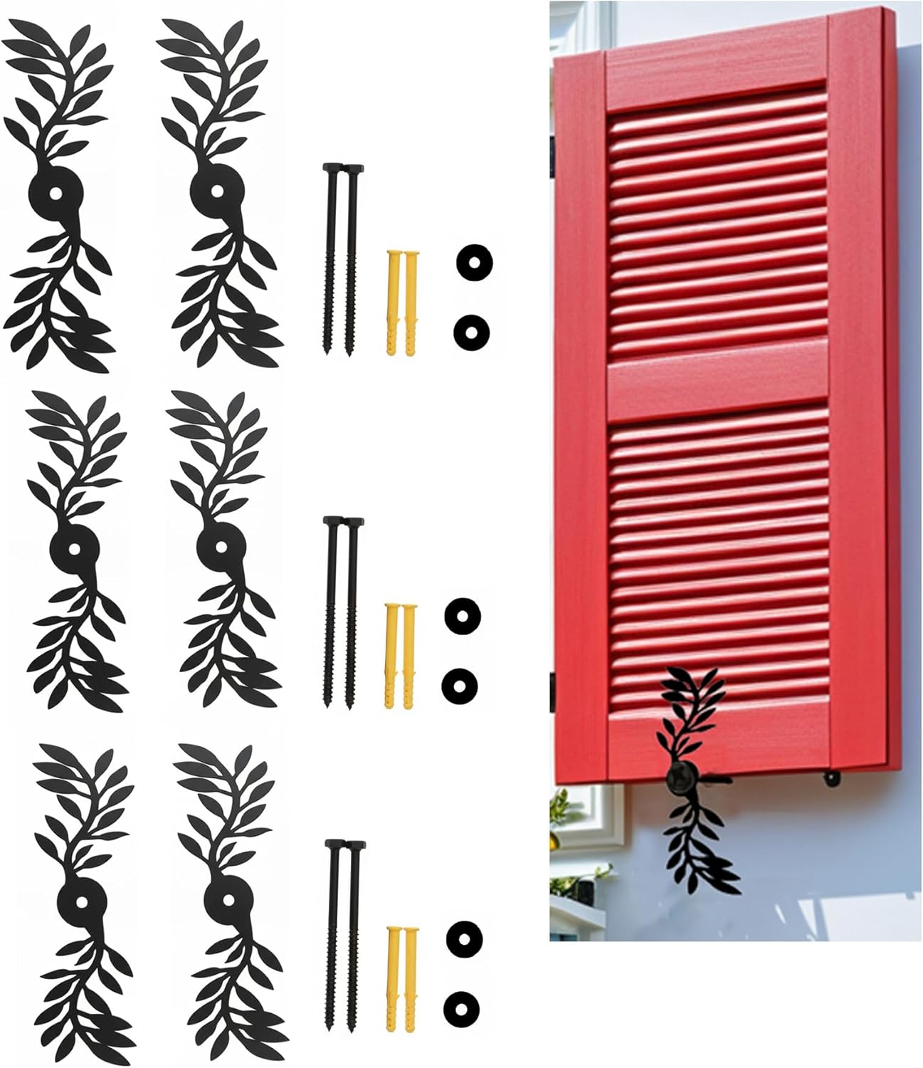 Black Leaf Shaped Shutter Tieback, 7-Inch Decorative Shutter Holder with Installation Hardware, Exterior Shutter Tie Back for Outdoor Wall Windproof Shutter Fastener (6-pcs, Iron)