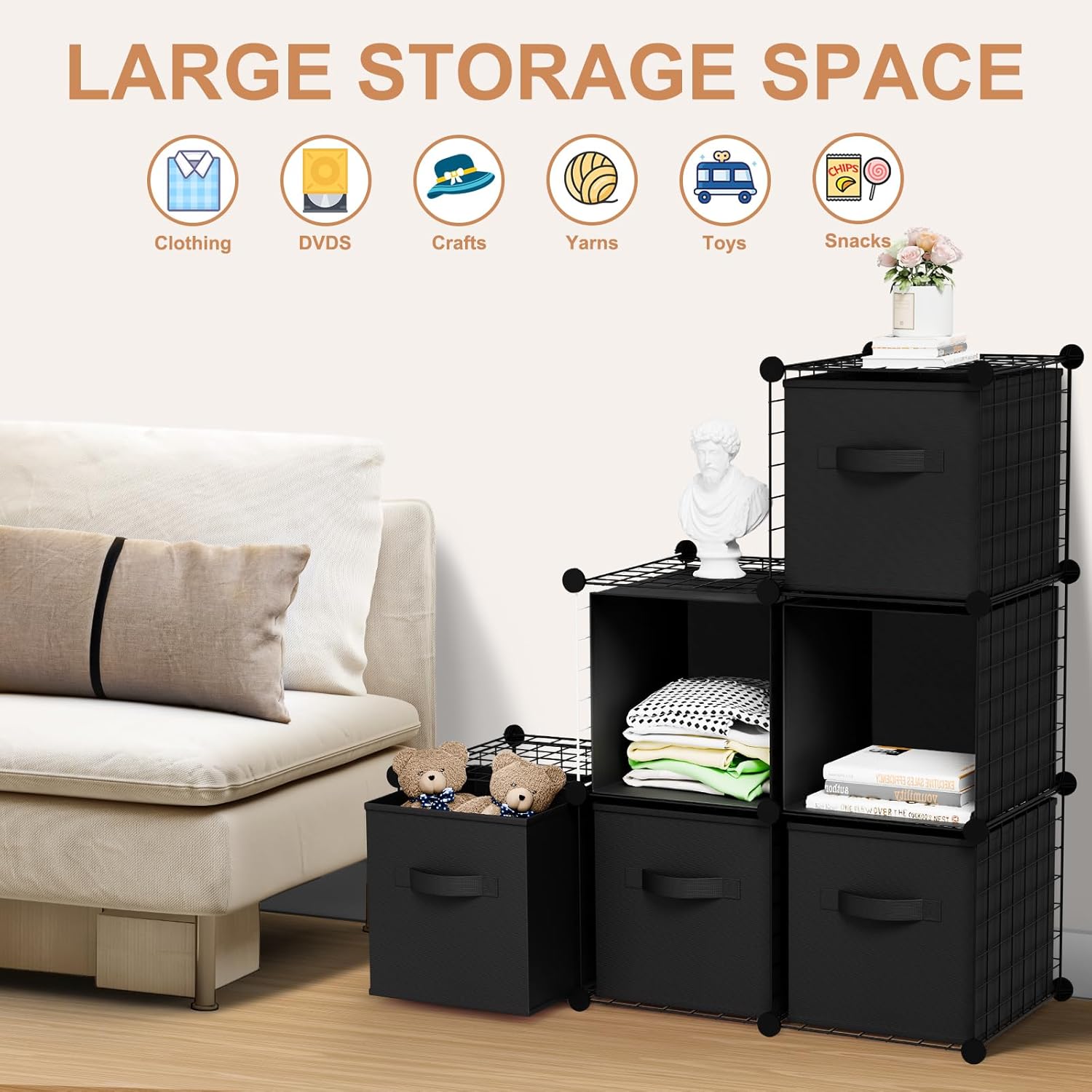 Leinuosen 6 Cube Storage Organizer with Fabric Bins, Wire Grid Stackable Shelves, Modular Storage Units for Bedroom Living Room Office Toys Book Craft(Black,Black)