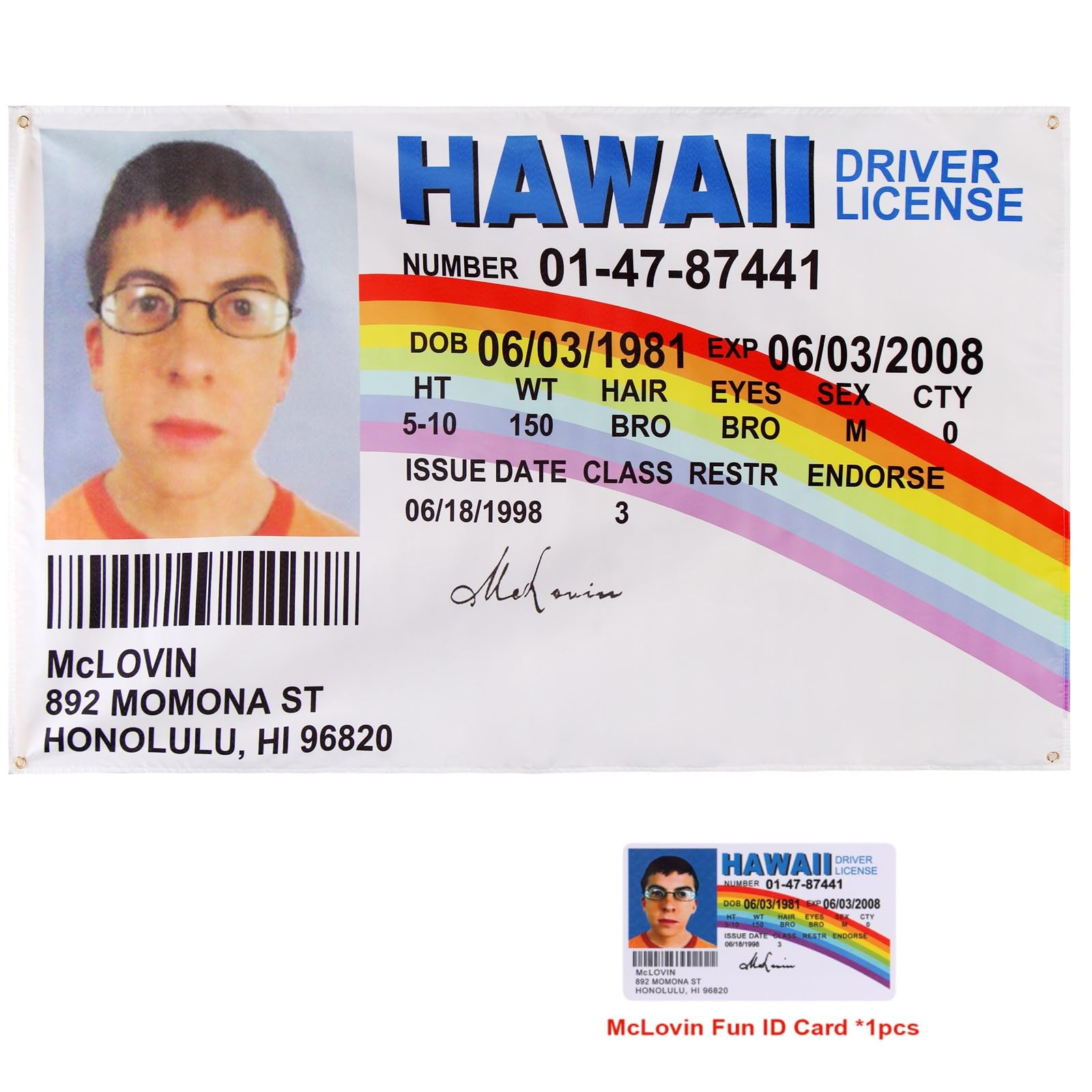 McLovin ID Flag Banner and Card, 3x5 Feet Funny Flags for Room Outdoor Flag, College Dorm Room Decor Indoor Outdoor Flag.