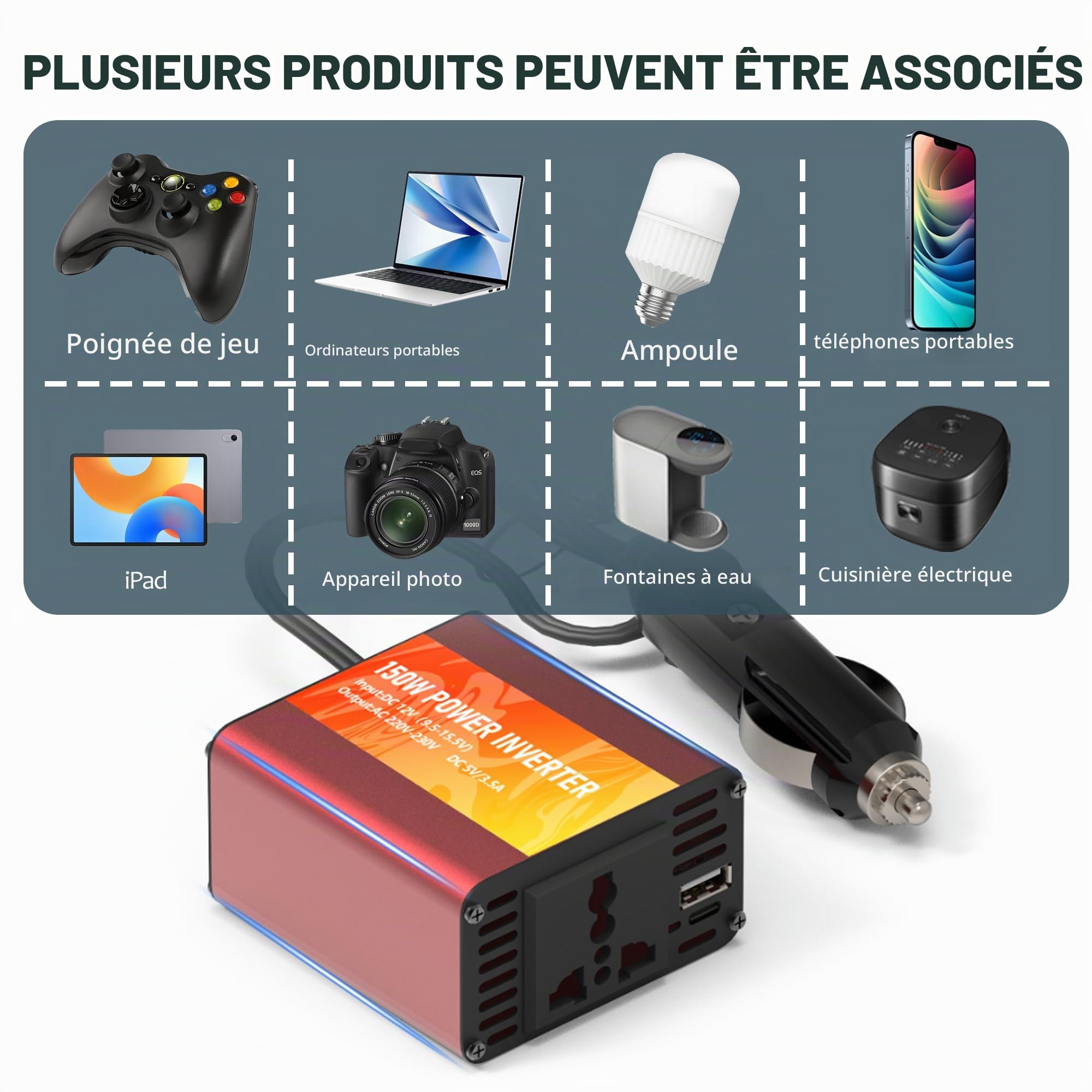 300W (crête) Prise Allume Cigare Convertisseur 12V 220V,transformateur 12v 220v de Tension 1 USB Power Inverter DC 12V AC 230V, Onduleur Electrique 150W