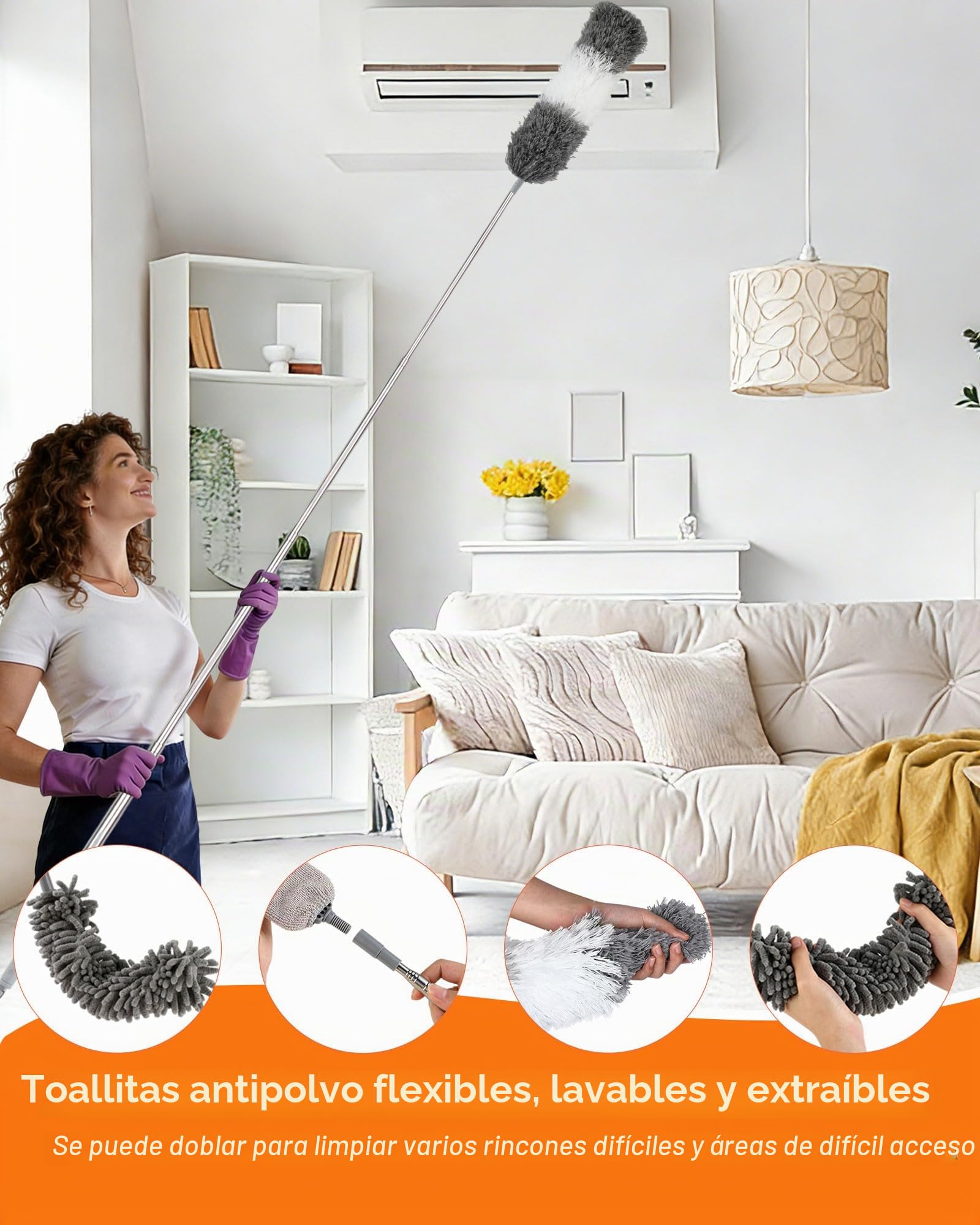 8 Piezas Plumero telescopico Extensible Lavable, Plumero atrapapolvo, Plumero Extensible, Plumero telescópico Lavable y Escoba para telarañas para techos, Grietas y Muebles