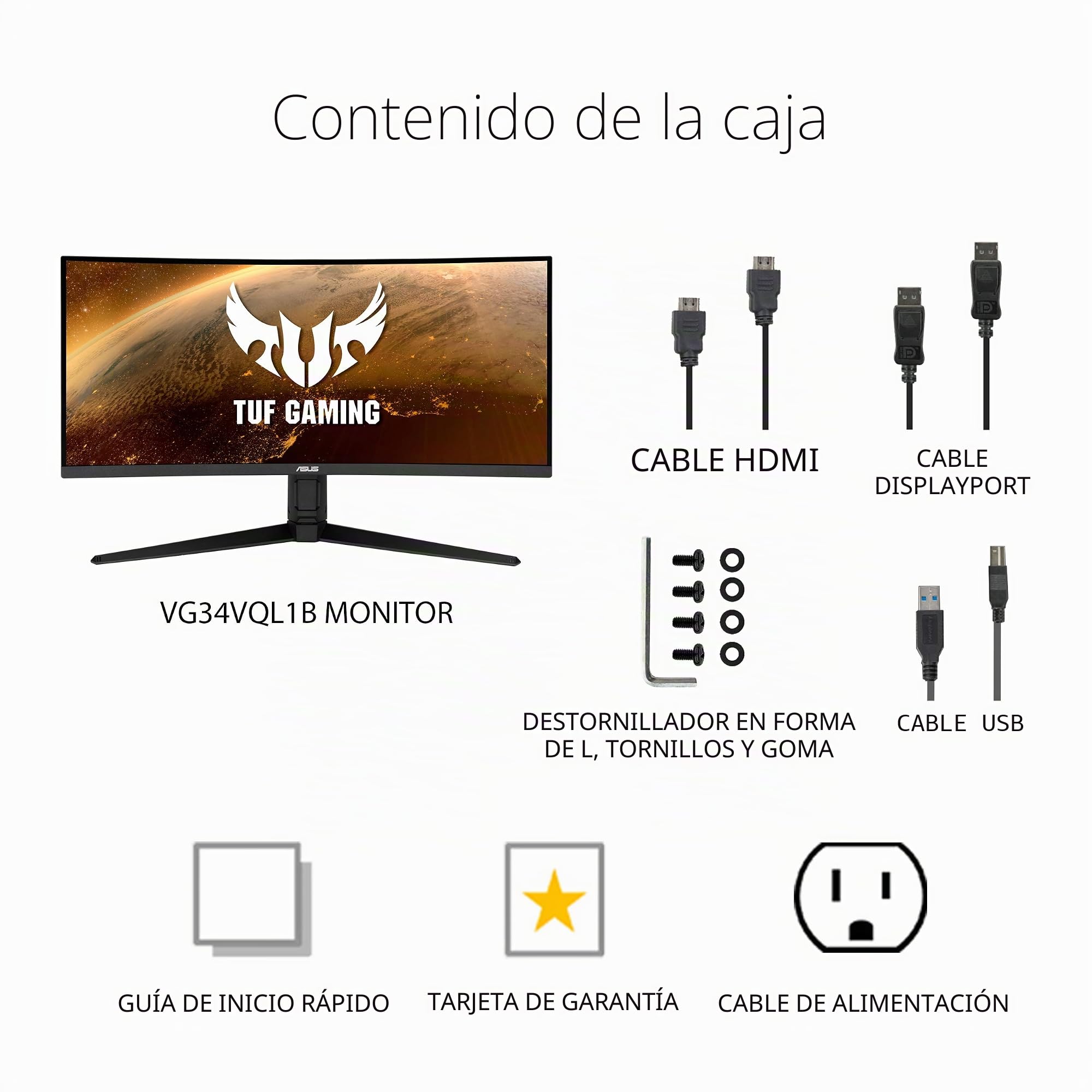 ASUS TUF Gaming VG34VQL1B Monitor HDR Curvo de 34", WQHD (3440 x 1440), 165 Hz, 1 ms, desenfoque Extremo de Movimiento bajo, FreeSync Premium, Cuidado de los Ojos, DisplayPort HDMI USB, Altura