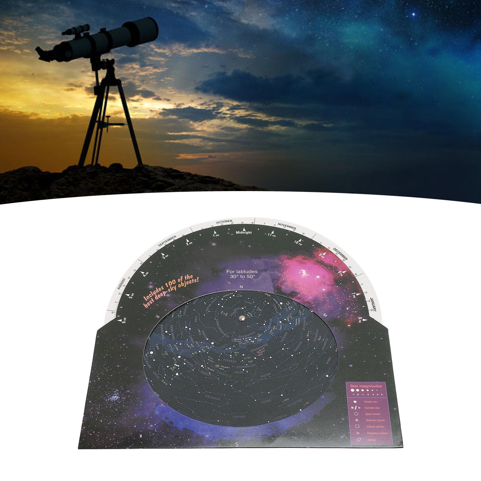 Planisferio Star Target, Guía de Mapas Estelares de Astronomía con 100 Cúmulos de Estrellas, Nebulosas y Galaxias, para Observar Constelaciones, Estrellas Brillantes y Objetos