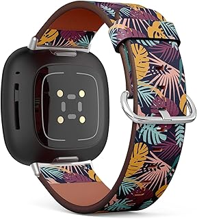 CJBROES Replacement Leather Watch Band, Compatible with Fitbit Versa 3 and Fitbit Sense of Wristband Bracelet Accessory - Tropical Plants Jungle