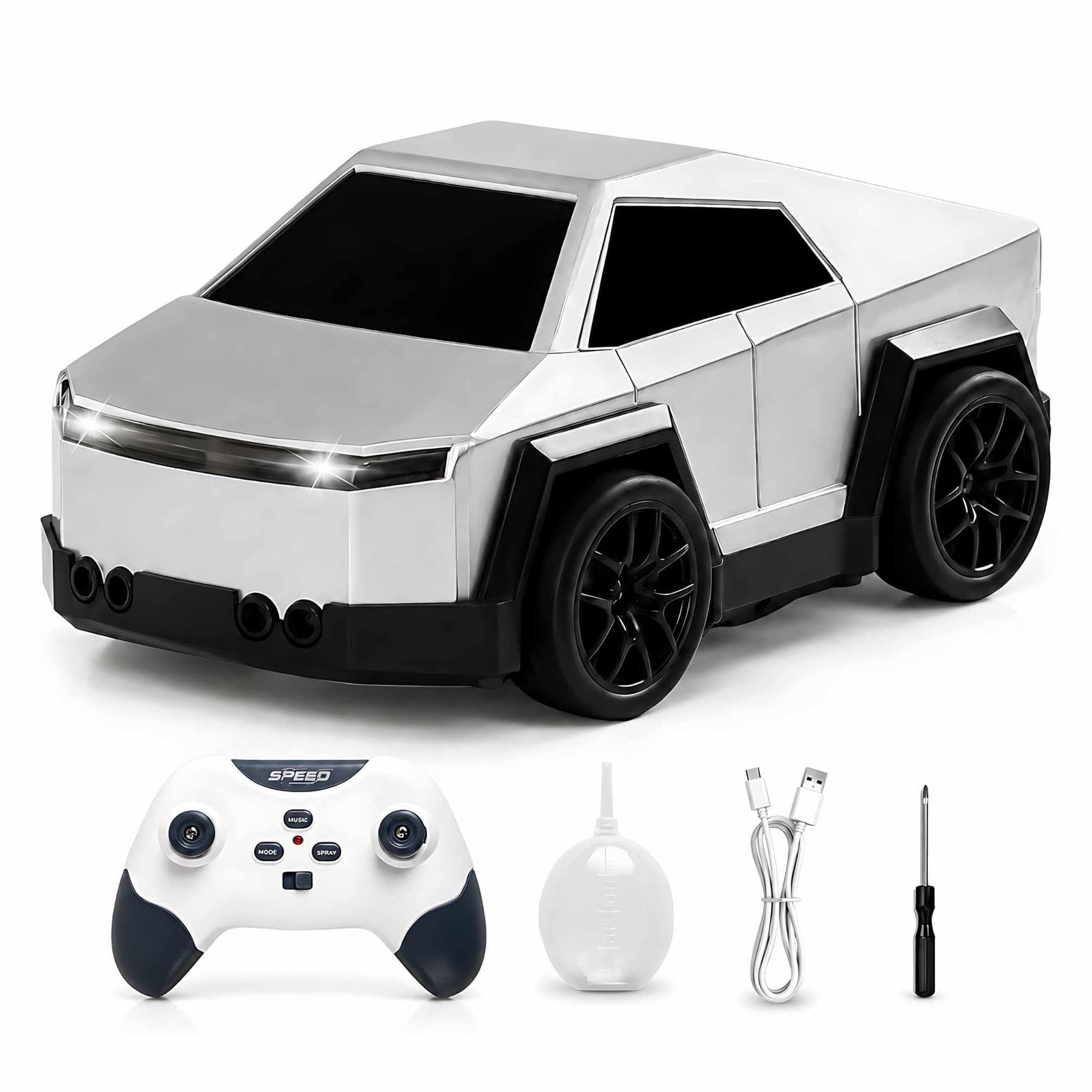 PLUSPOINT 2.4GHz RC Drift Car with Spray Effect | Rechargeable Remote Control Racing Cybertruck Car with LED Lights, Smart Follow & Escape Modes | Mini Drift Vehicle Toy for Kids Age 3+-image-21