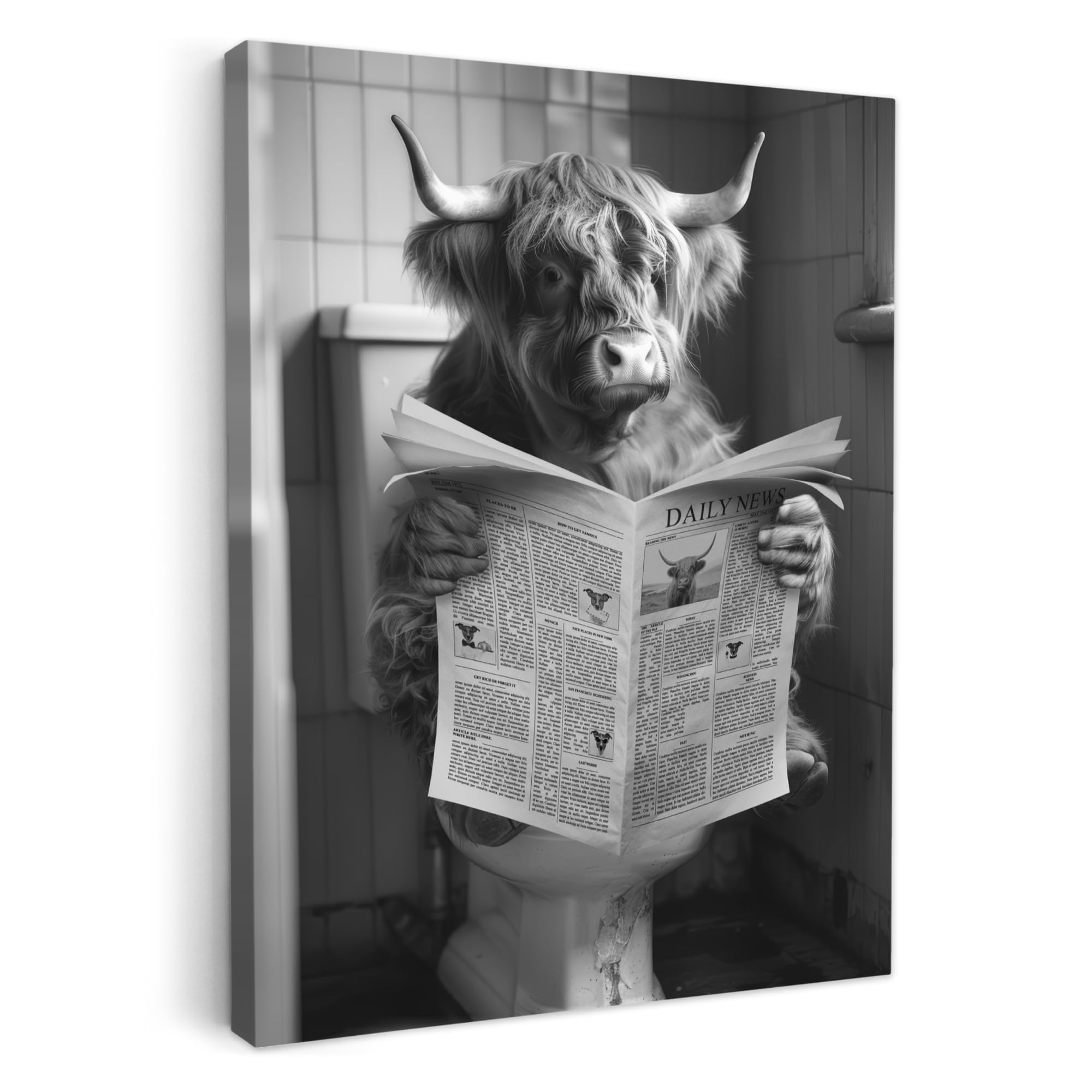 MuchoWow© Canvas Wall Art 50x70 cm Decor Paintings Prints framed on Canvas Decorations Wallart Scottish Highlander - Cow - Newspaper - WC - Black and white — image 1