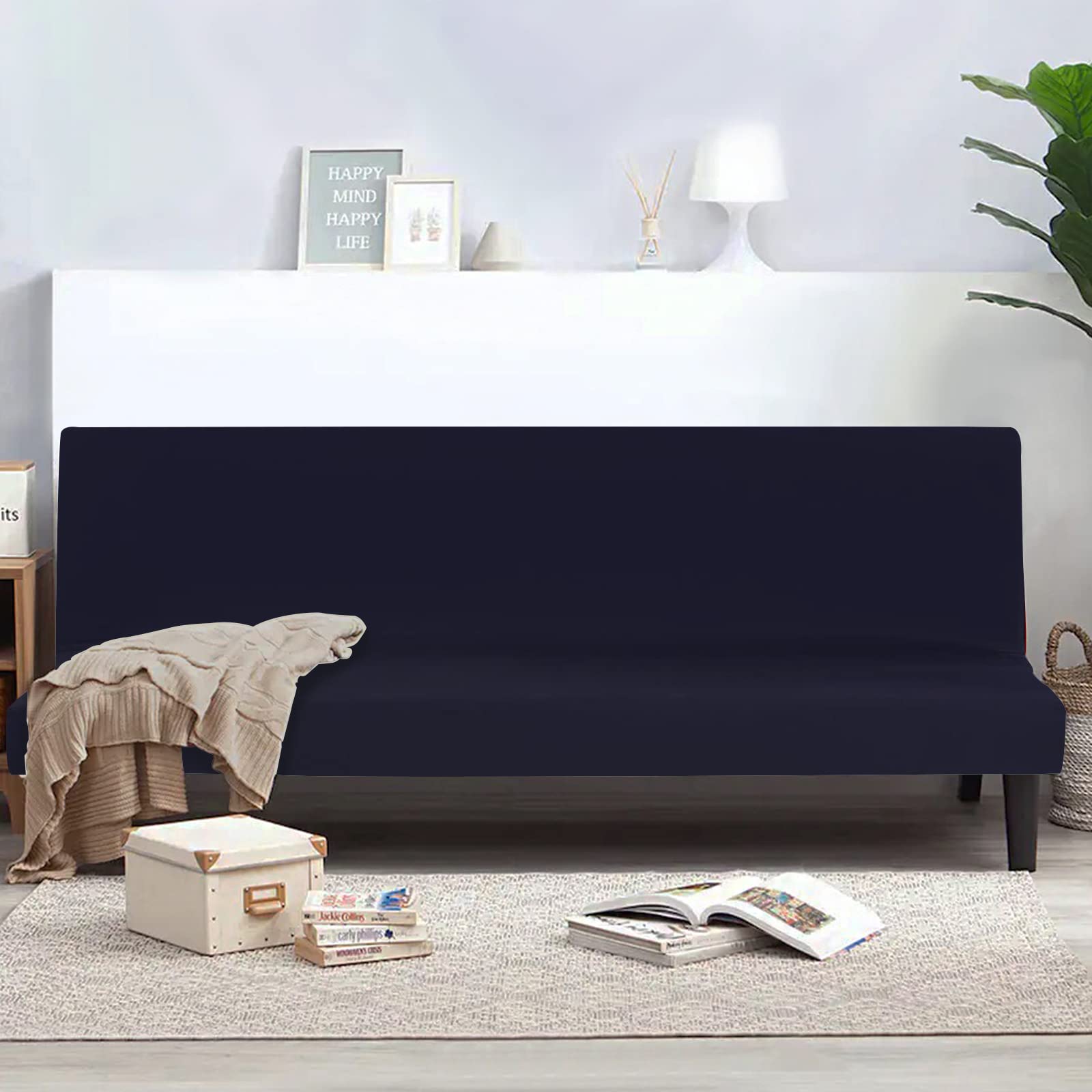 FIGOOO Copridivano senza Braccioli 3 Posti Elasticizzato Copridivano Letto Pieghevole Universale Lavabile Spandex Fodera per Futon a Tinta Unita Coperture Divano Clic Clac per Soggiorno Casa,Nero