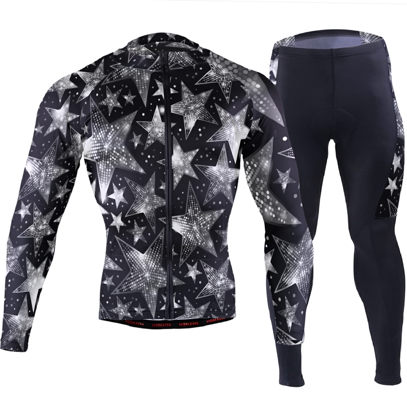 Silver White Shiny Sparkles and Sequins in The Form of Stars on Dark Men Cycling Jersey Clothes Long Padded Pants Sets Quick Dry Bike Riding Shirts Clothes Long Sleeve Outfit Full Zipper Jacket(2XL)