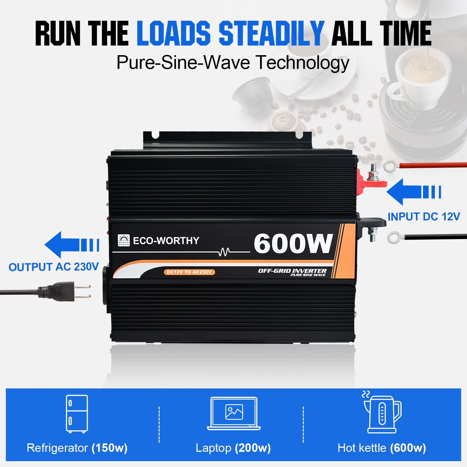 ECO-WORTHY 600W 12V off-grid inverter solare DC 12V AC 230V sinusoidale per auto camper caravan campeggio e sistemi solare casa