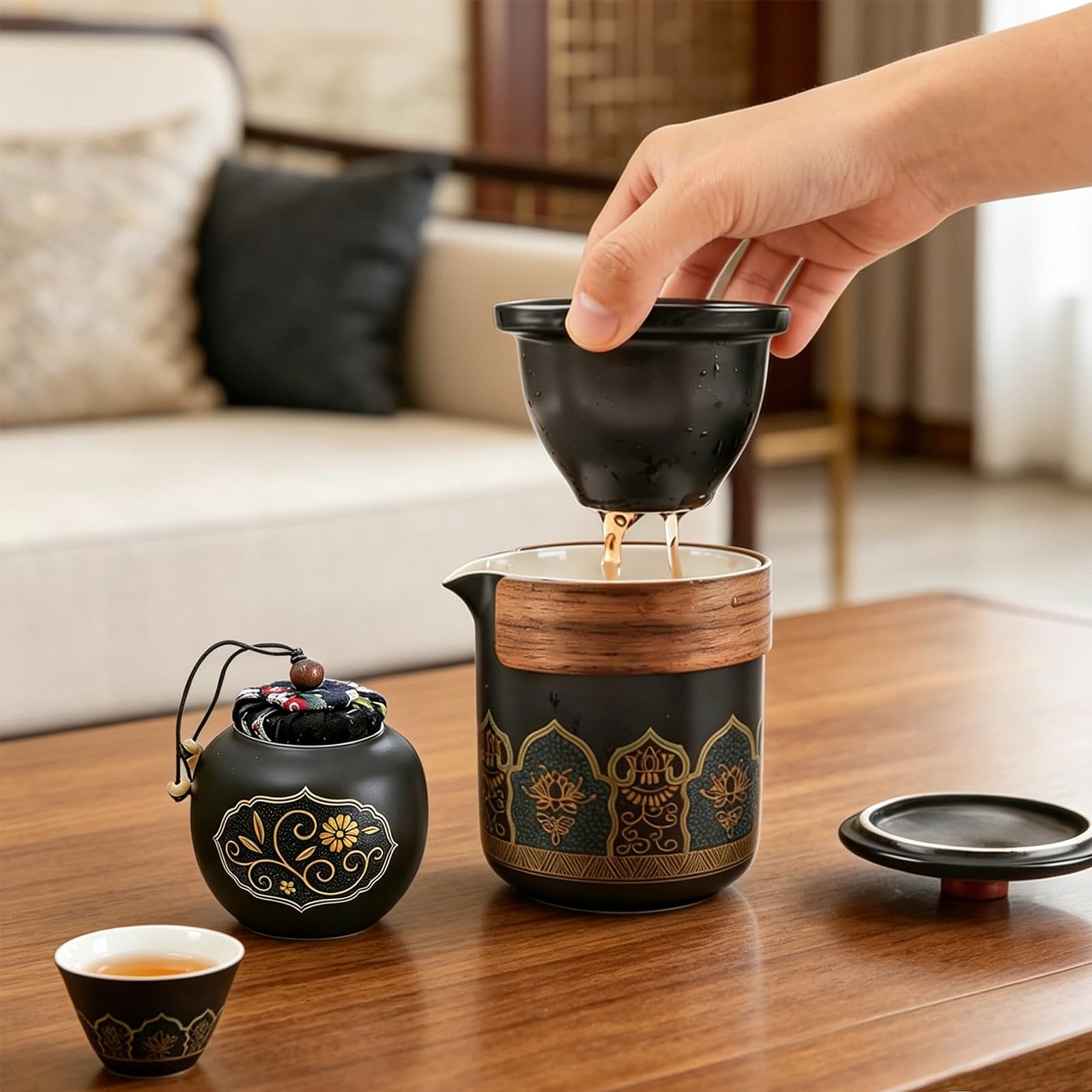Japanisches Teeservice, 6 Stück Schönes Tea Set Porzellan Chinesische Teekanne Set, Gongfu Teeservice, Tragbares Schwarzes Keramik-Teekannenset 250ml, Traditionelles Teekanne Teeservice aus Porzellan