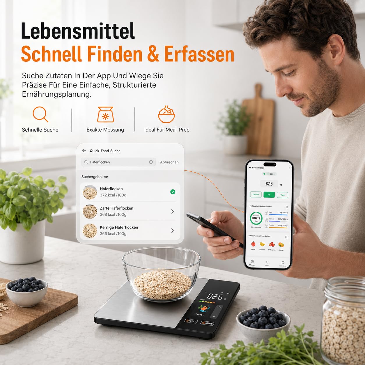 Smartvita Küchenwaage- Smarte Ernährungswaage Mit Präziser Messung Für Kalorien Portionen Backen Kochen Kaffee Und Edelstahl Küche