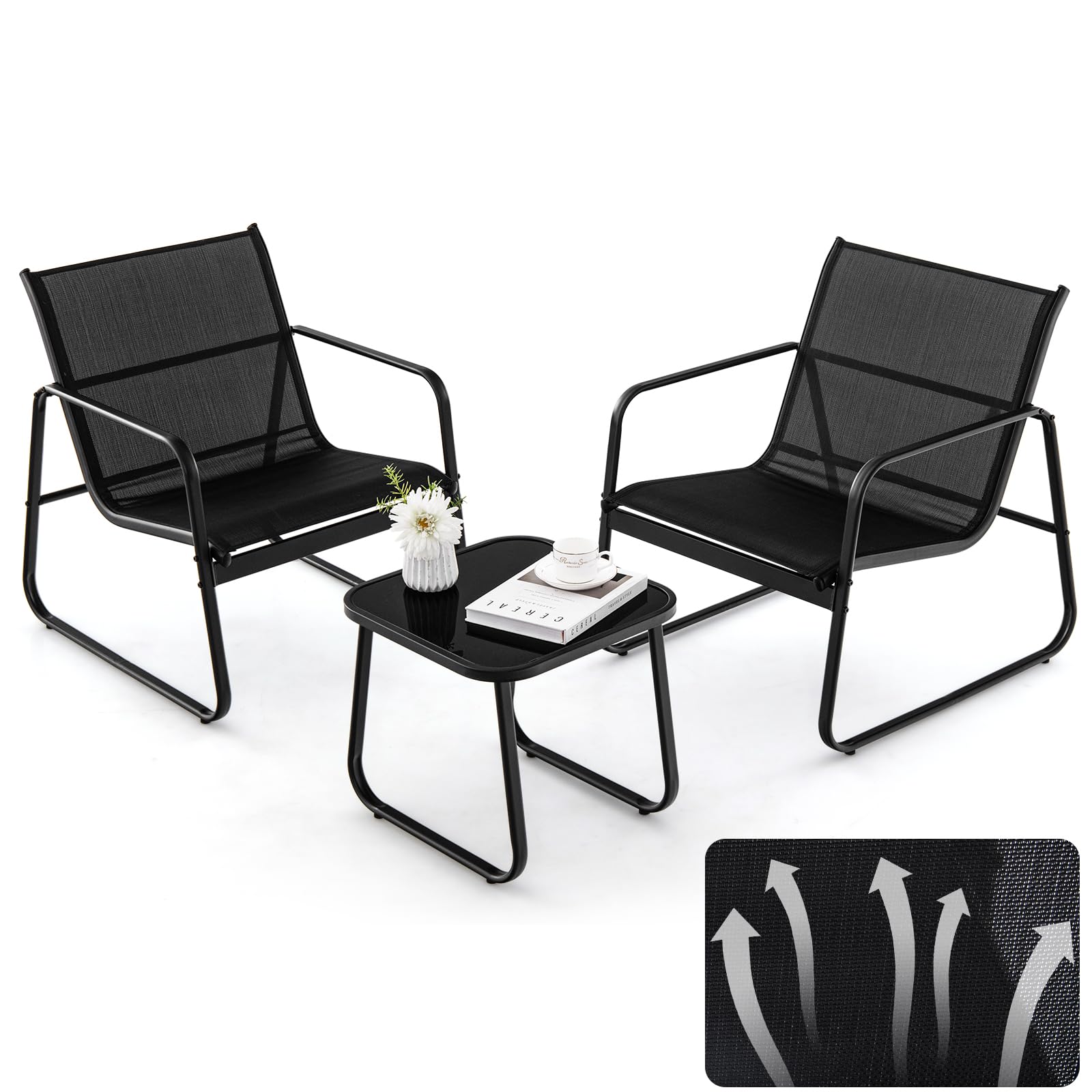 KOMFOTTEU Set da Bistrò in Tessuto Textilene, Set da Giardino in 3 Pezzi, Tavolo Portato 30 kg, 2 Sedie Portate 150 kg, Set Tavolo e Sedie da Esterno, Patio, Cortile, Veranda (Nero)
