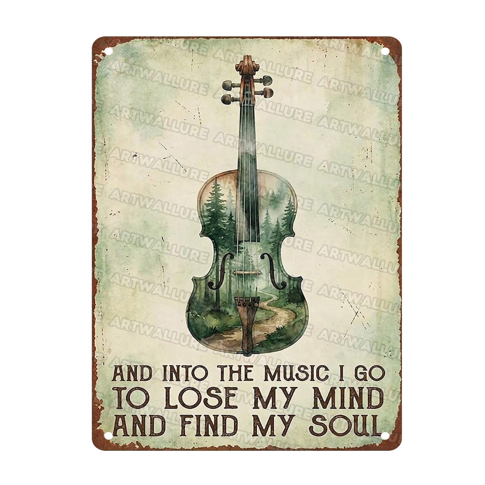 Vintage Violin Fiddle Tin Sign Into The Music I Go To Lose My Mind And Find My Soul Metal Sign for Musician Home Bedroom 12x16Inch
