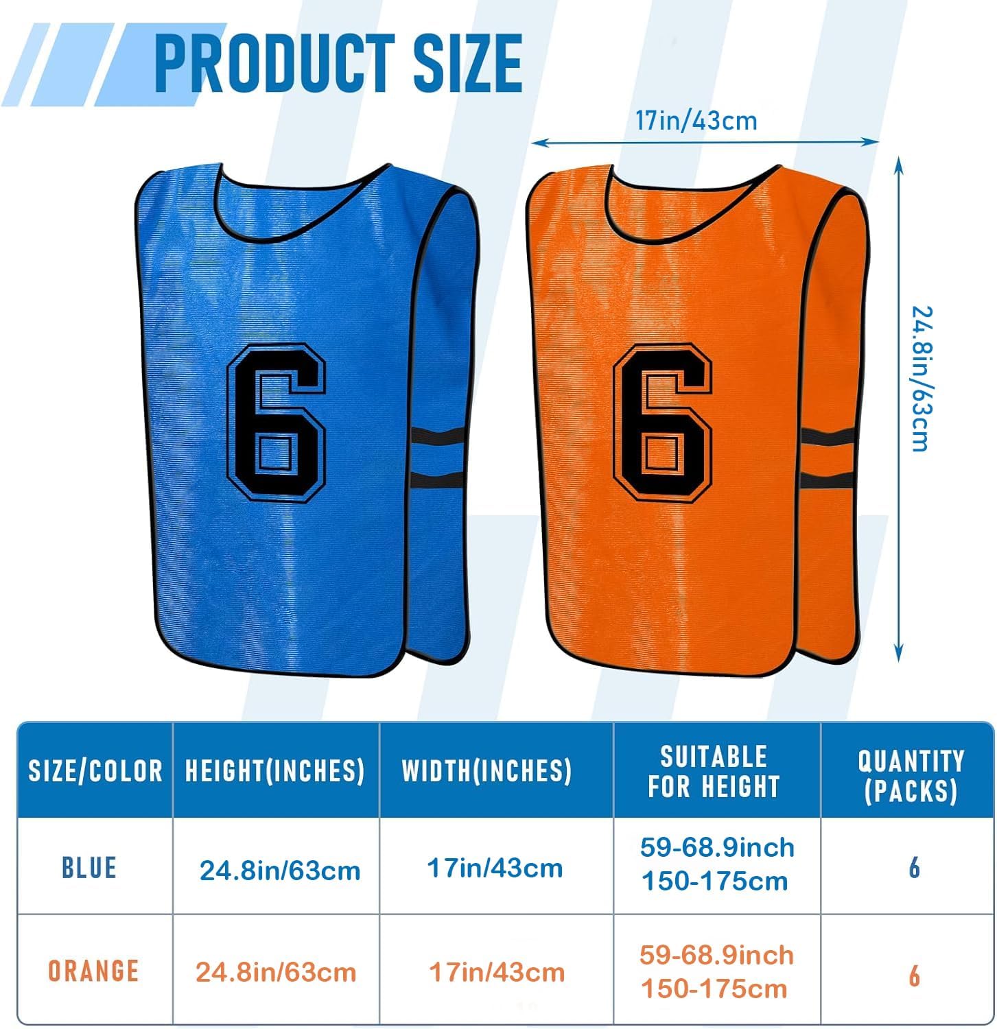 Lot de 12 Chasubles de Football Numérotées Réversibles pour Adultes, Maillots d’Entraînement en Maille Respirante, Gilets de Sport pour Enfants et Adolescents – Bleu & Orange