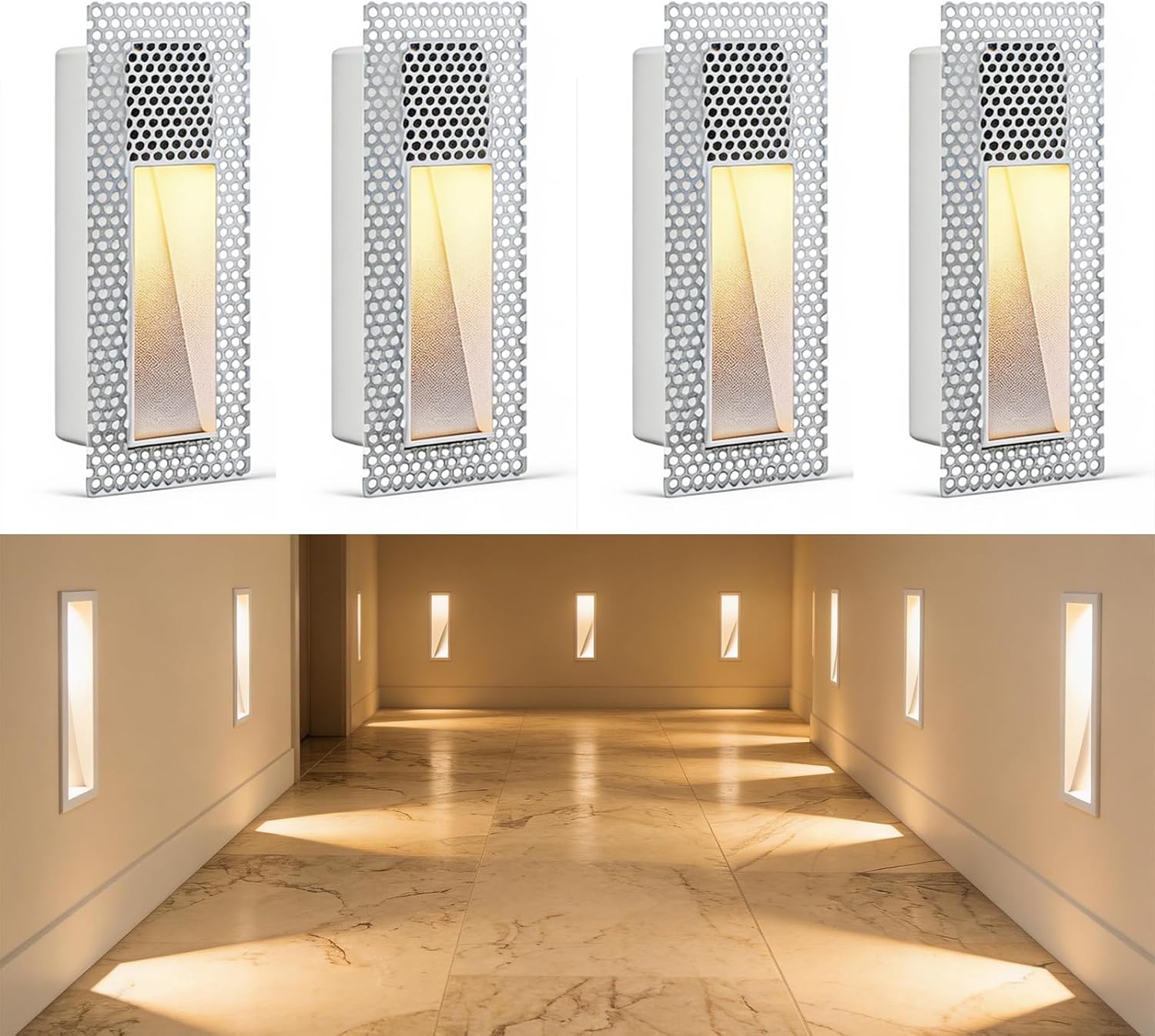 4-Pack Recessed Step Light, 2W LED Rectangle Skirting Wall Light 3000K Warm White, Invisible Stair Lights Indoor, Trimless Design for Stairway, Hallway, Bedroom