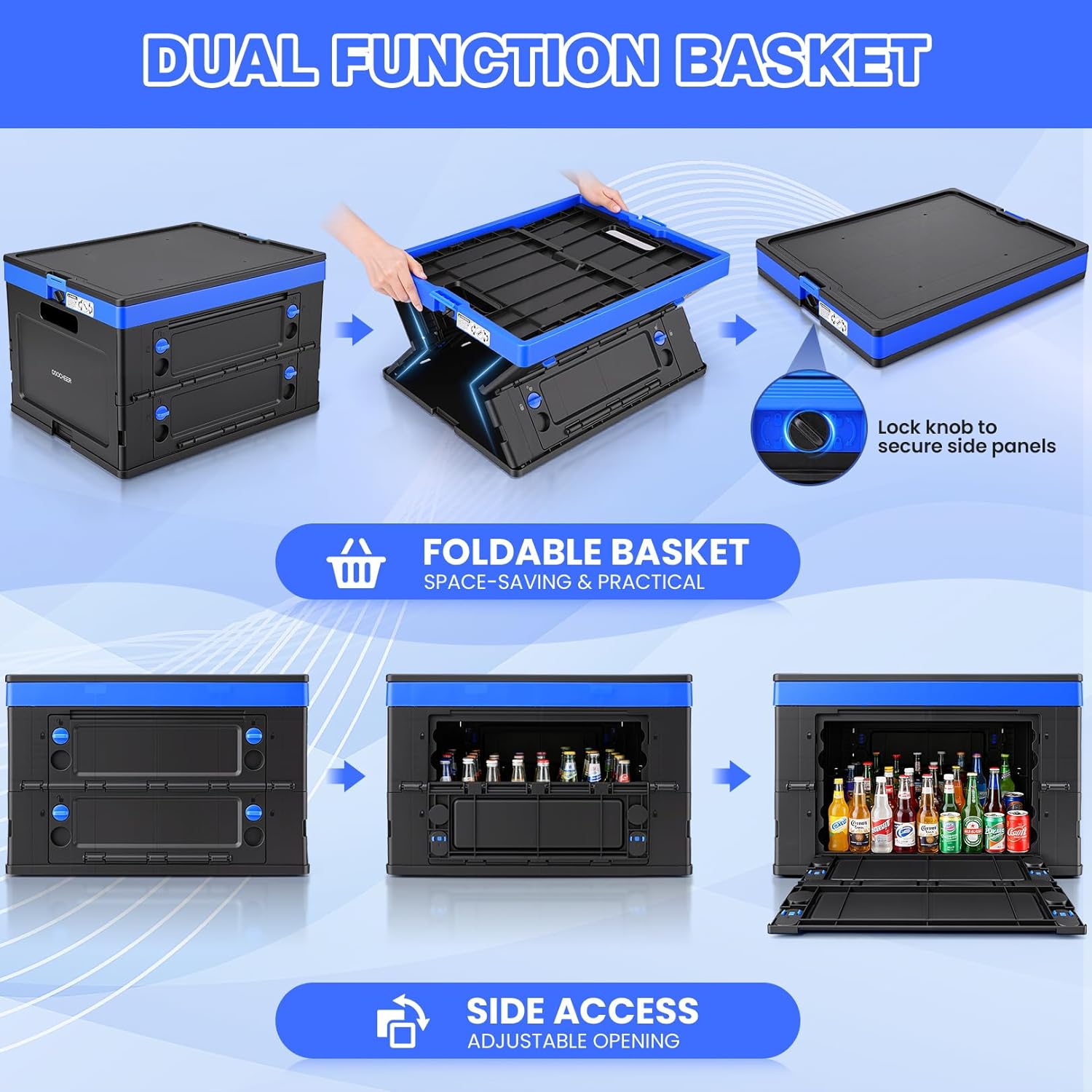 Collapsible Shopping Cart with Storage Crate, Heavy Duty 200lbs Capacity Foldable Grocery Cart on Wheels, Multi-Functional Portable Utility Cart with Swivel Wheels for Office Groceries, Blue