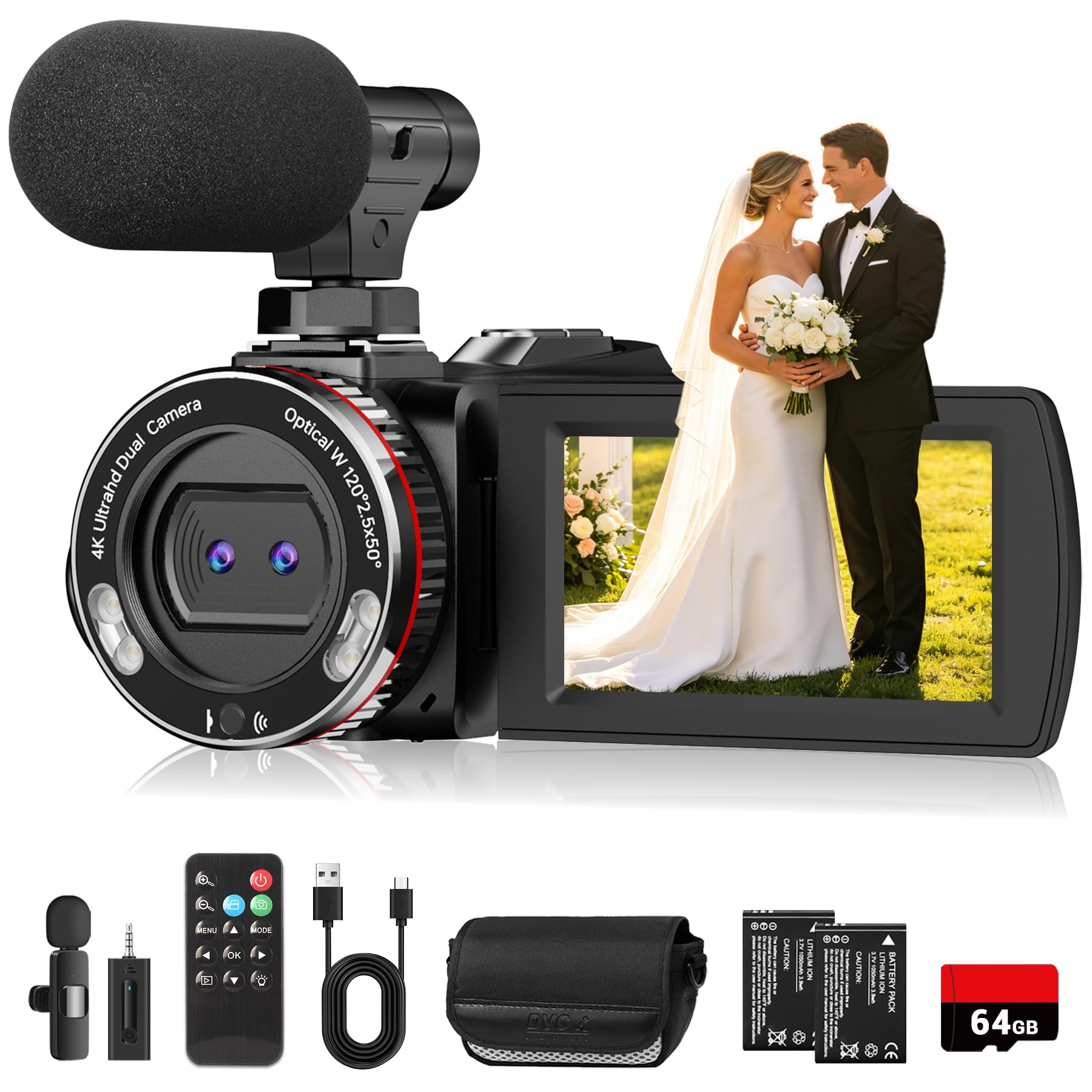4K Wedding Camcorder, 64MP UHD Vlogging Camera with Wireless Lavalier Microphone, 120° Wide Angle 18X Digital Zoom, Remote, 64GB Card & 2 Batteries, for Family Wedding Memories-picture-22
