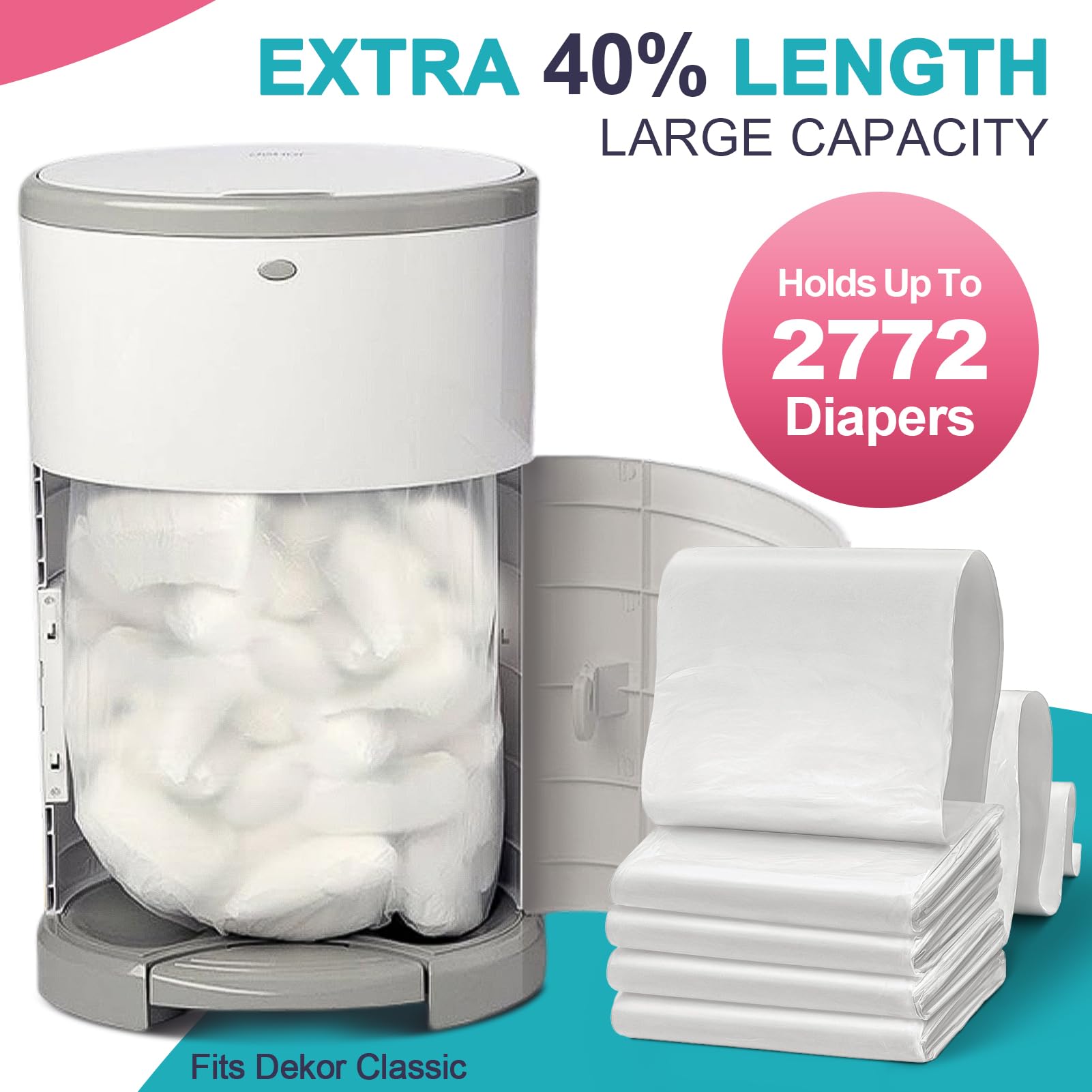 Windeleimer-Nachfüllbeutel, kompatibel mit DEKOR Classic Windeleimer-Nachfüllpackungen, 4 Stück, extra 20 % Länge, für 2772 Windeln, extra 30 % Dicke, mehrschichtige Geruchskontrolle, frischer