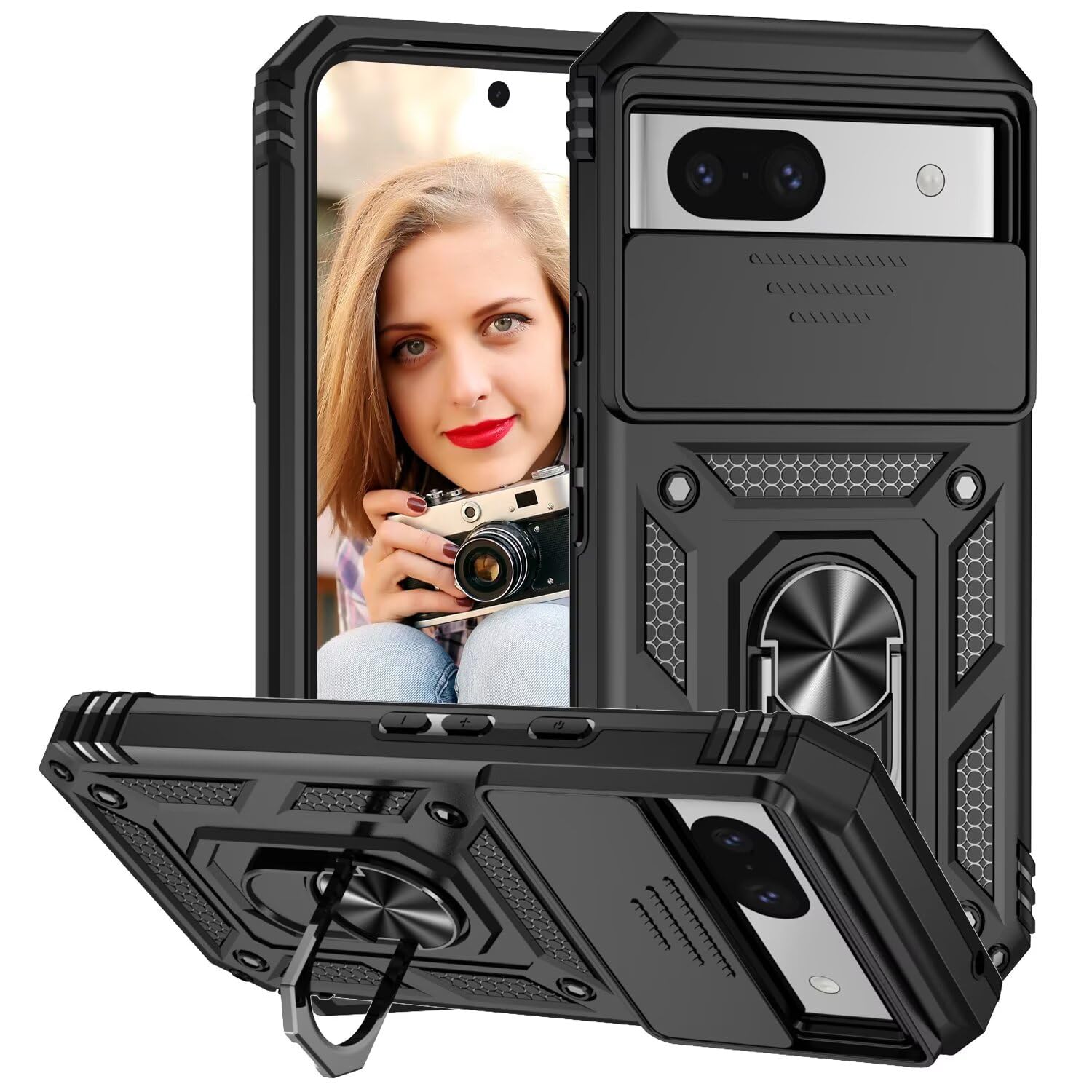 Case for Google Pixel 8A Case, Camera Protector, Hard Armor Metal Ring Magnetic Stand Case, PC Hard and TPU Silicone Shockproof Anti-Scratch Case Black