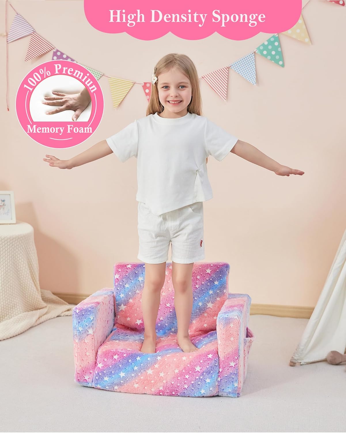 Toddler Couch, 2-in-1 Soft Kids Couch Bed Fold Out, Toddler Chairs Comfy for Boys & Girls, Convertible Kids Sofa to Lounge for Playroom, Gift for Birthday, Children's Day- Glow Star - Image 4