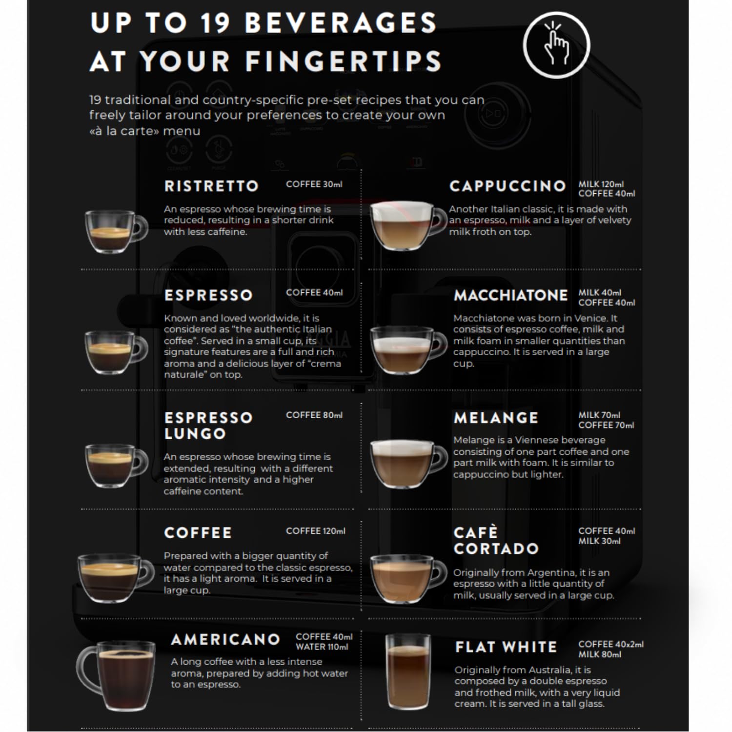 Gaggia Accademia One Touch - Máquina de café totalmente automática de grano a taza, cafetera de capuchino y espresso con 19 recetas de un solo toque (acero inoxidable)