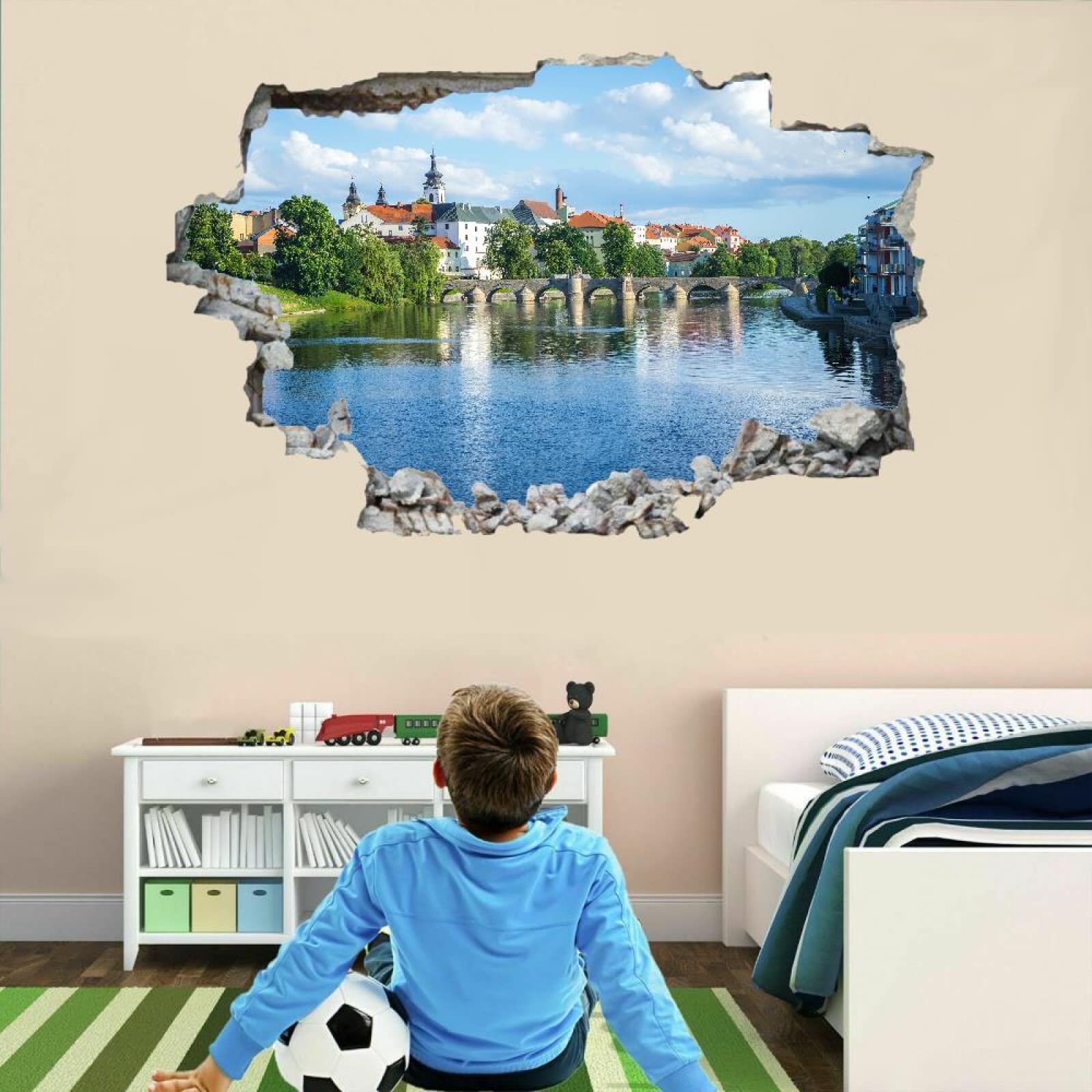 Edificios De La Ciudad Vinilos Decorativos Arte 3D Roto Puente Pegatinas De Pared Removibles Río Mural De Pared De Vinilo Autoadhesivo Para Dormitorio De Niñas, Niños, Decoración Del Hogar, Regalo
