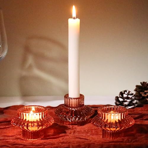 Miniatura 3 de Juego de 3 portavelas reversibles, cónicos de cristal rojo y candelita para centro de mesa, boda, fiesta, decoración del hogar