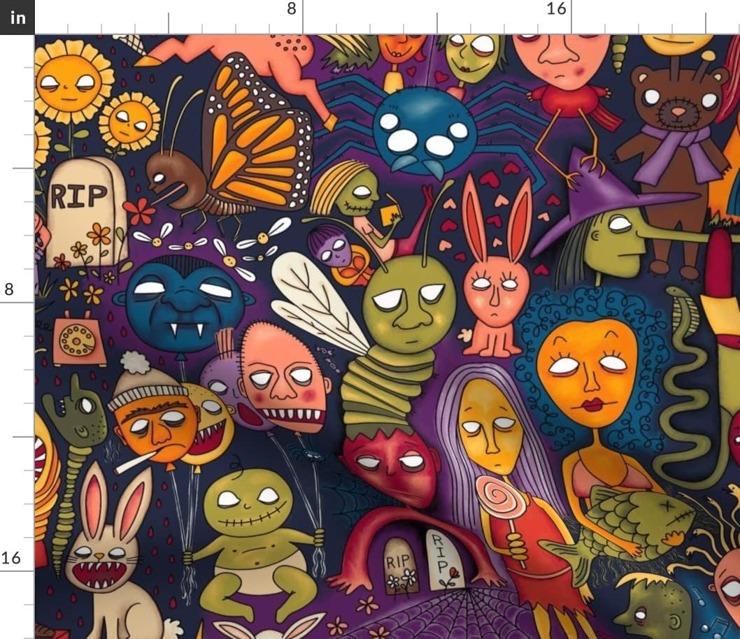 Spoonflower Fabric - Butterfly Fantasy Monsters Halloween Witch Scary Bunnies Printed on Petal Signature Cotton Fabric Fat Quarter - Sewing Quilting Apparel Crafts Decor