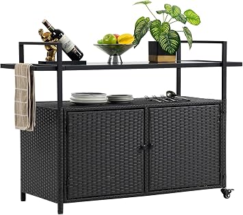 Wicker Outdoor Bar Cart, Large Grill Cart with Storage Cabinet and Glass Top Table for BBQ, Portable Serving Cart with Wheels for Patio, Poolside, Backyard, Black